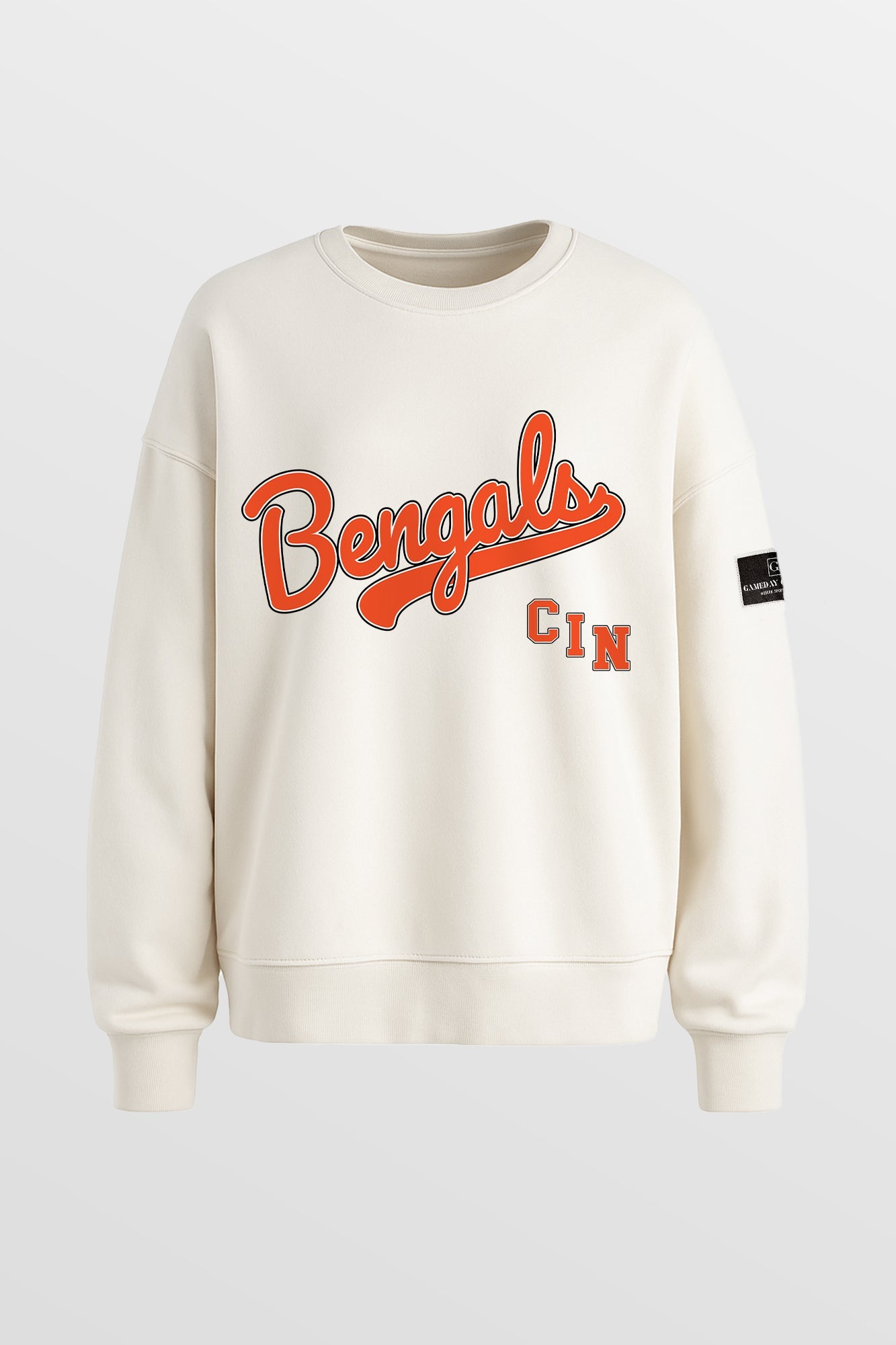 CINCINNATI BENGALS CLUTCH MOVE BLACK LABEL PREMIUM FLEECE CREW SWEATSHIRT BY RANDI MAHOMES