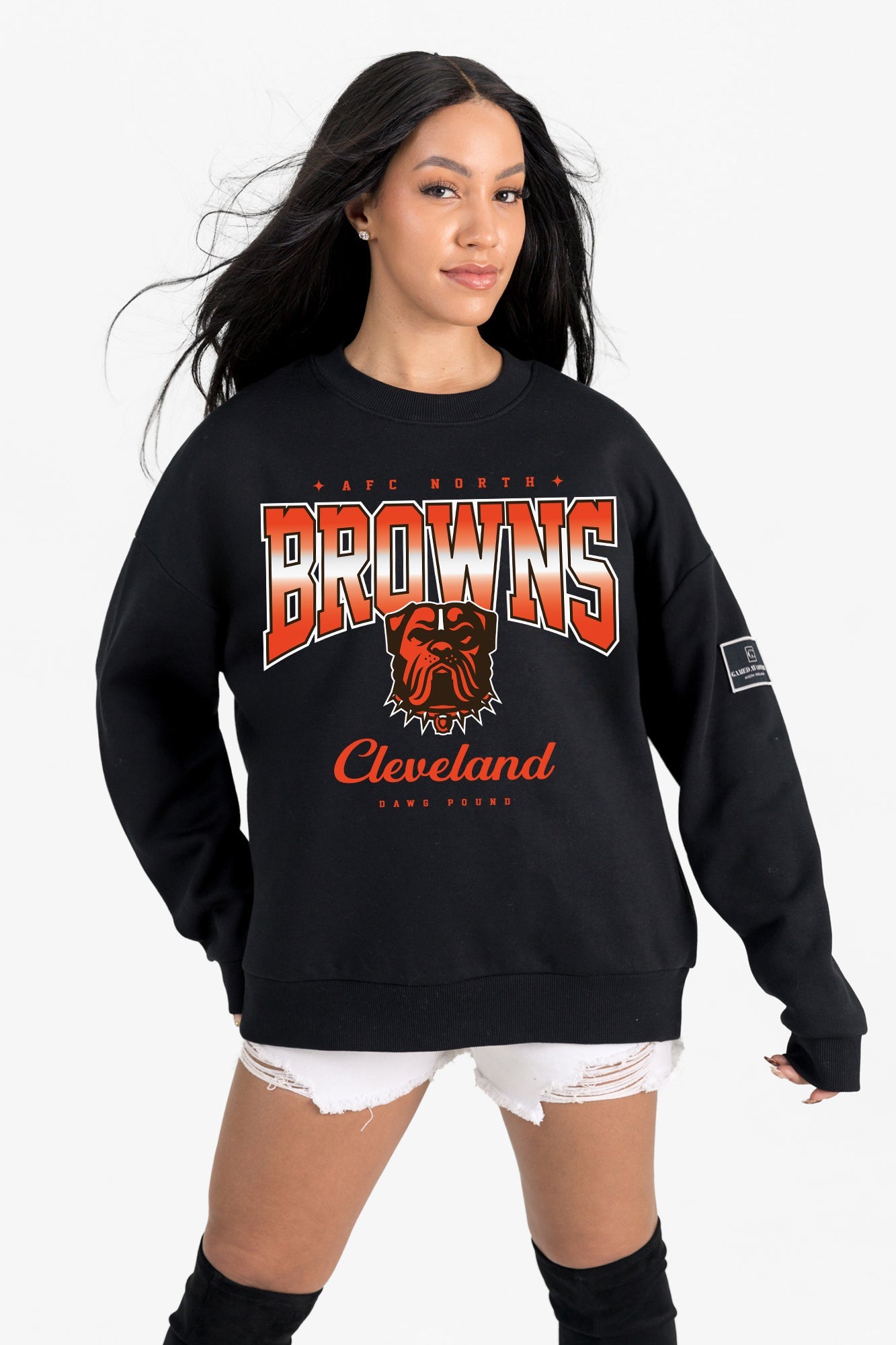 CLEVELAND BROWNS POWERHOUSE PLAY BLACK LABEL PREMIUM FLEECE CREW SWEATSHIRT