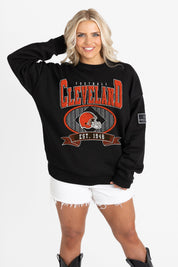 CLEVELAND BROWNS BOLD CHEERS BLACK LABEL PREMIUM FLEECE CREW SWEATSHIRT
