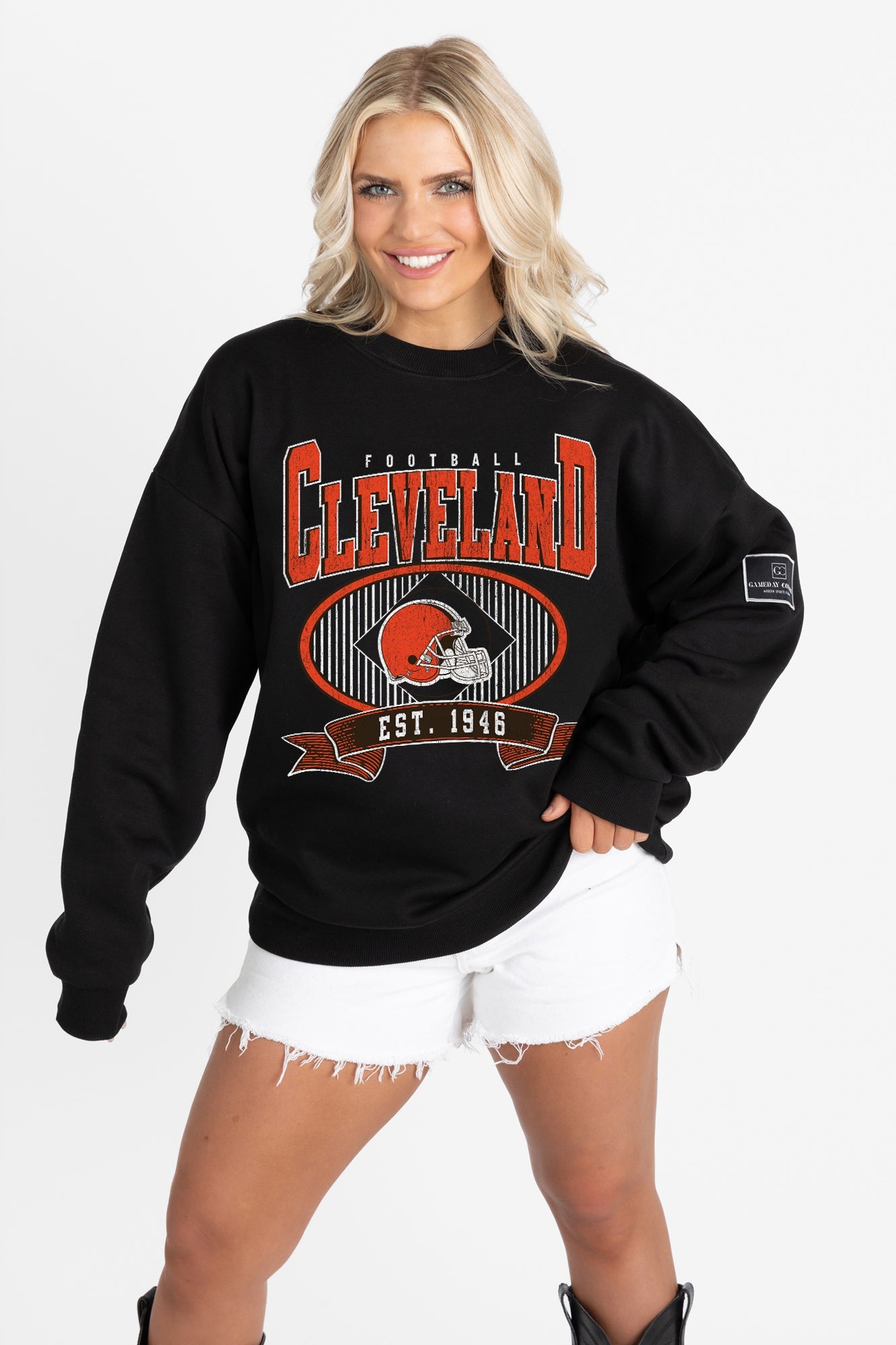 CLEVELAND BROWNS BOLD CHEERS BLACK LABEL PREMIUM FLEECE CREW SWEATSHIRT