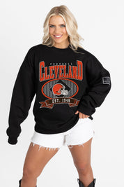 CLEVELAND BROWNS BOLD CHEERS BLACK LABEL PREMIUM FLEECE CREW SWEATSHIRT