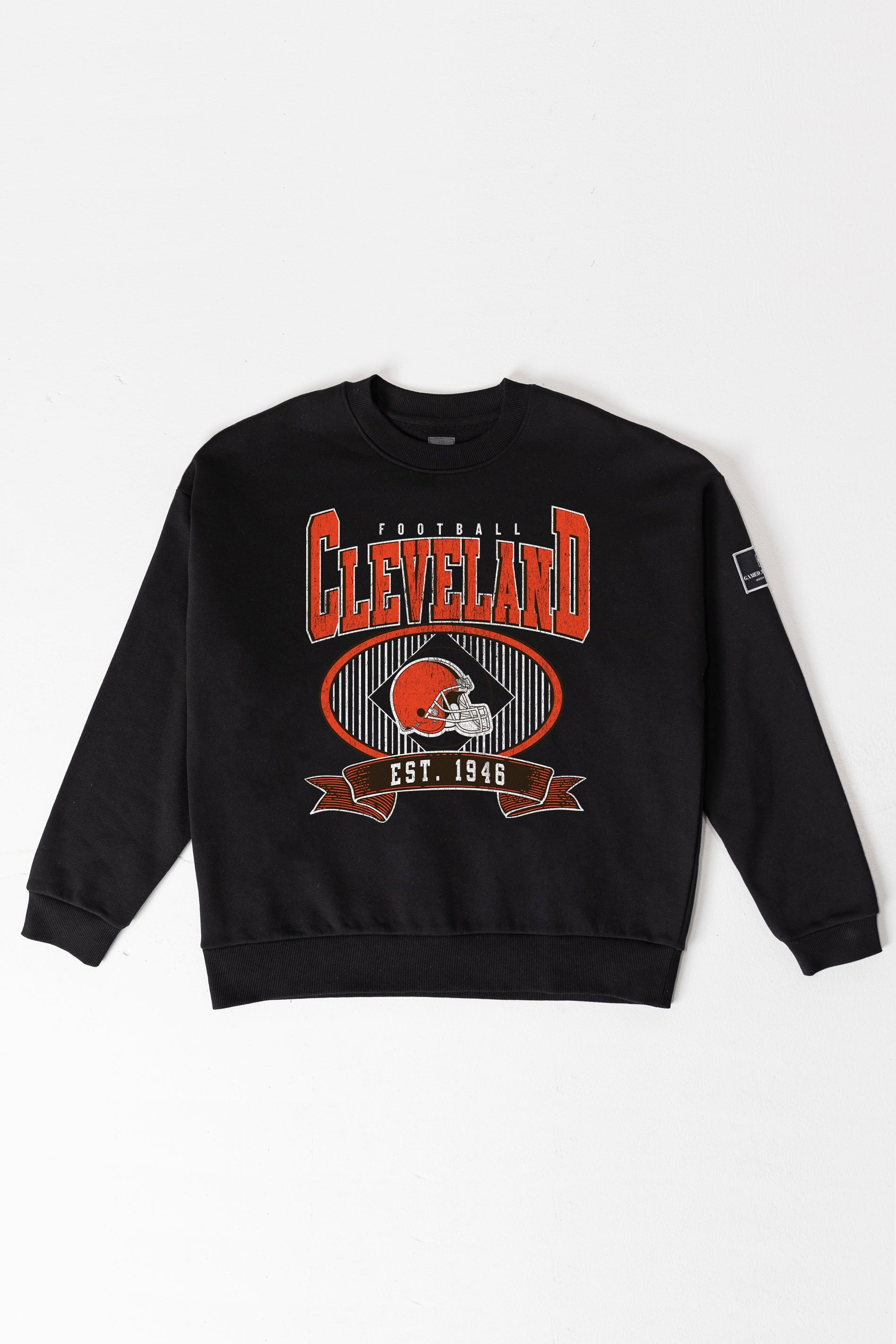 CLEVELAND BROWNS BOLD CHEERS BLACK LABEL PREMIUM FLEECE CREW SWEATSHIRT