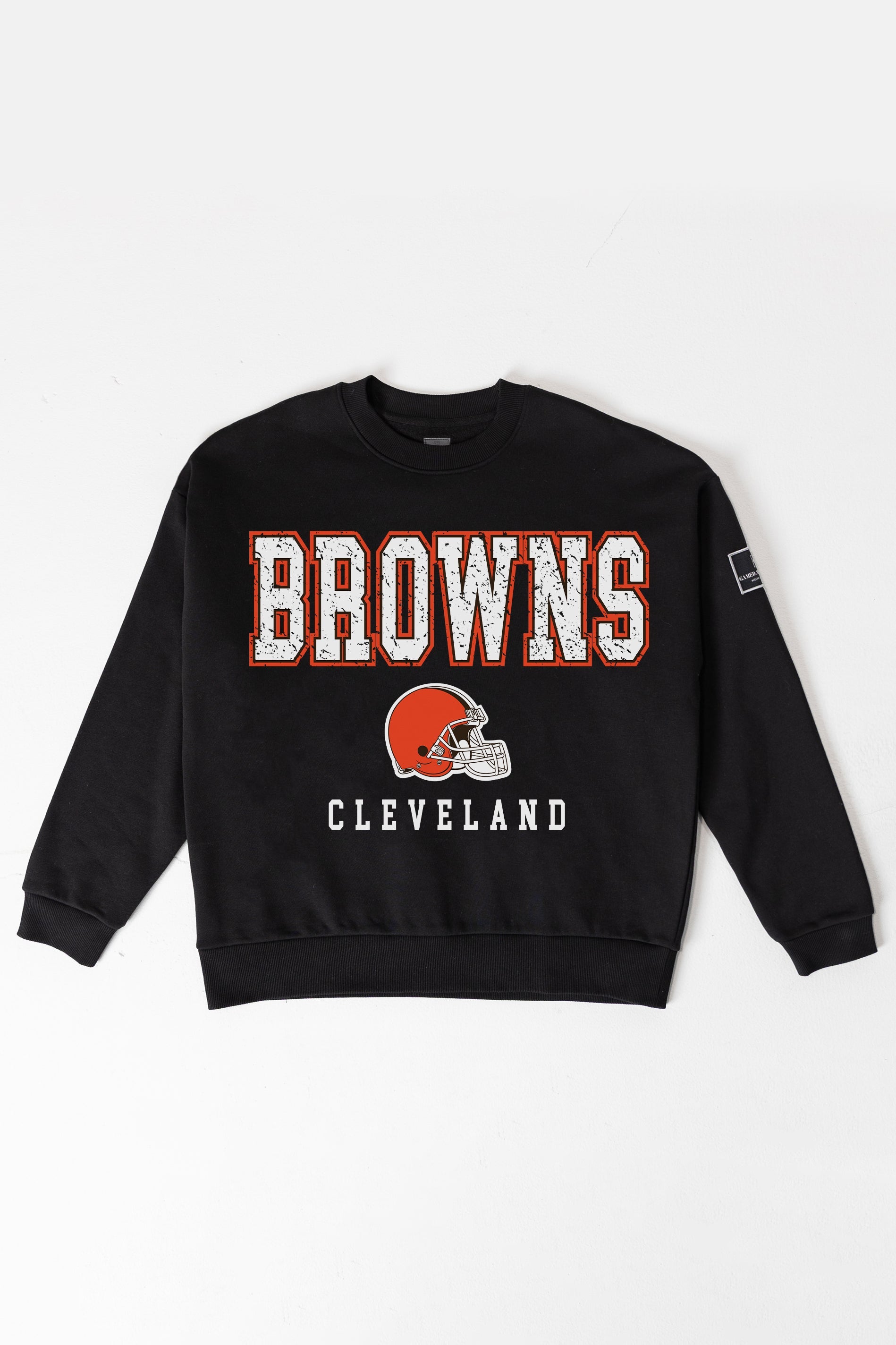 CLEVELAND BROWNS LEVEL UP BLACK LABEL PREMIUM FLEECE CREW SWEATSHIRT