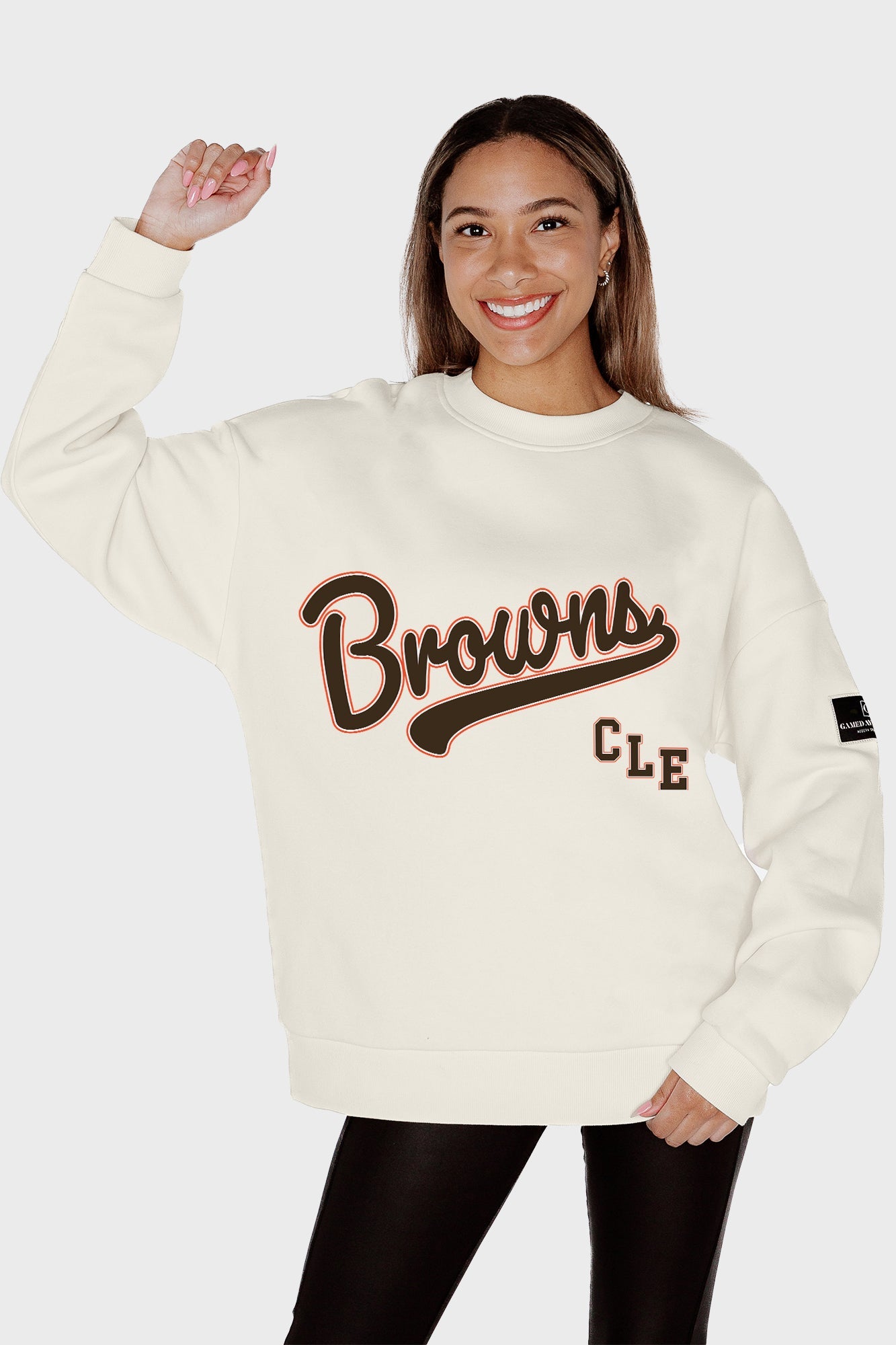 CLEVELAND BROWNS CLUTCH MOVE BLACK LABEL PREMIUM FLEECE CREW SWEATSHIRT BY RANDI MAHOMES