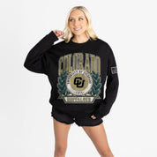 COLORADO BUFFALOES VICTORY LANE BLACK LABEL PREMIUM FLEECE DROP SHOULDER CREWNECK