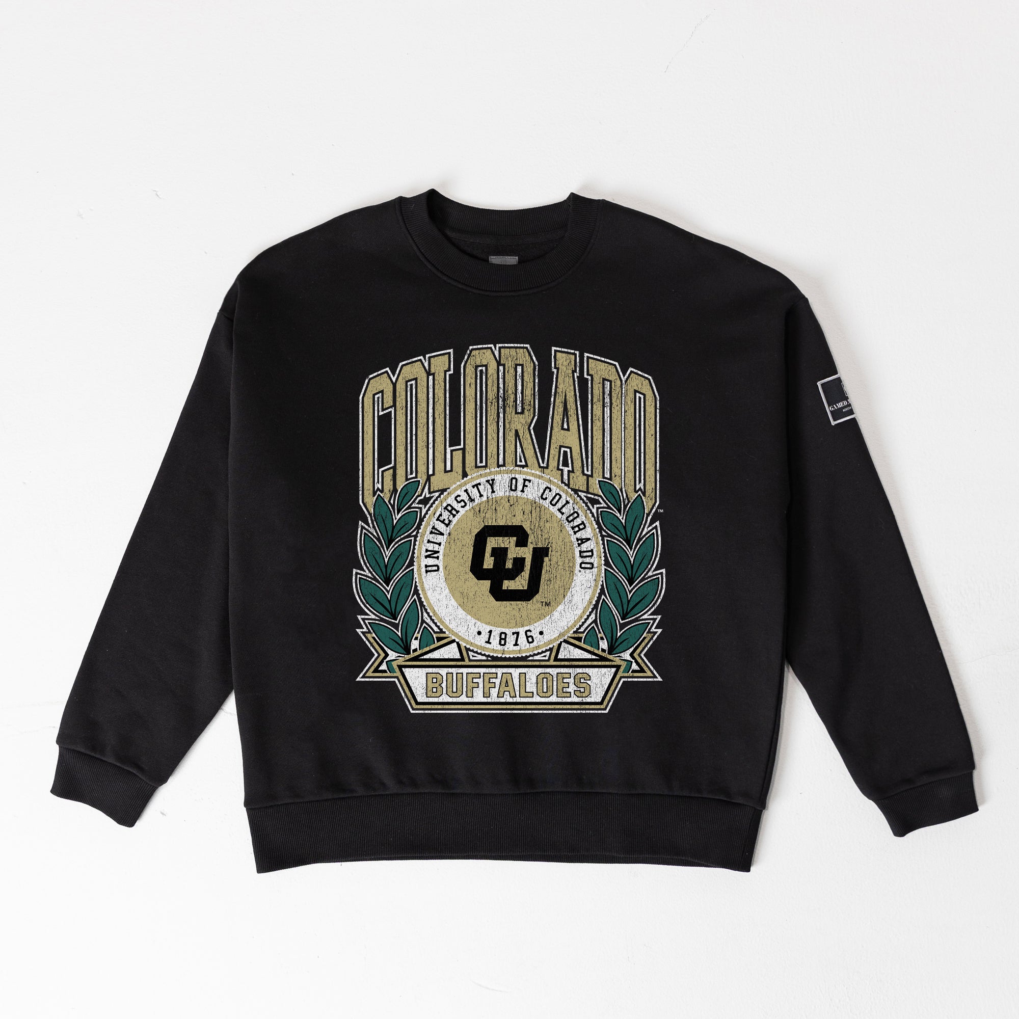 COLORADO BUFFALOES VICTORY LANE BLACK LABEL PREMIUM FLEECE DROP SHOULDER CREWNECK