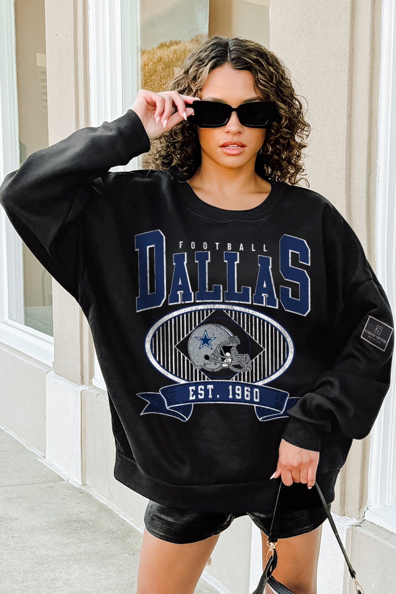 DALLAS COWBOYS BOLD CHEERS BLACK LABEL PREMIUM FLEECE CREW SWEATSHIRT