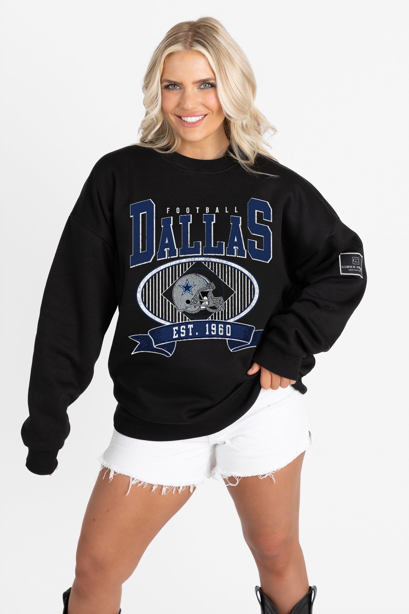 DALLAS COWBOYS BOLD CHEERS BLACK LABEL PREMIUM FLEECE CREW SWEATSHIRT