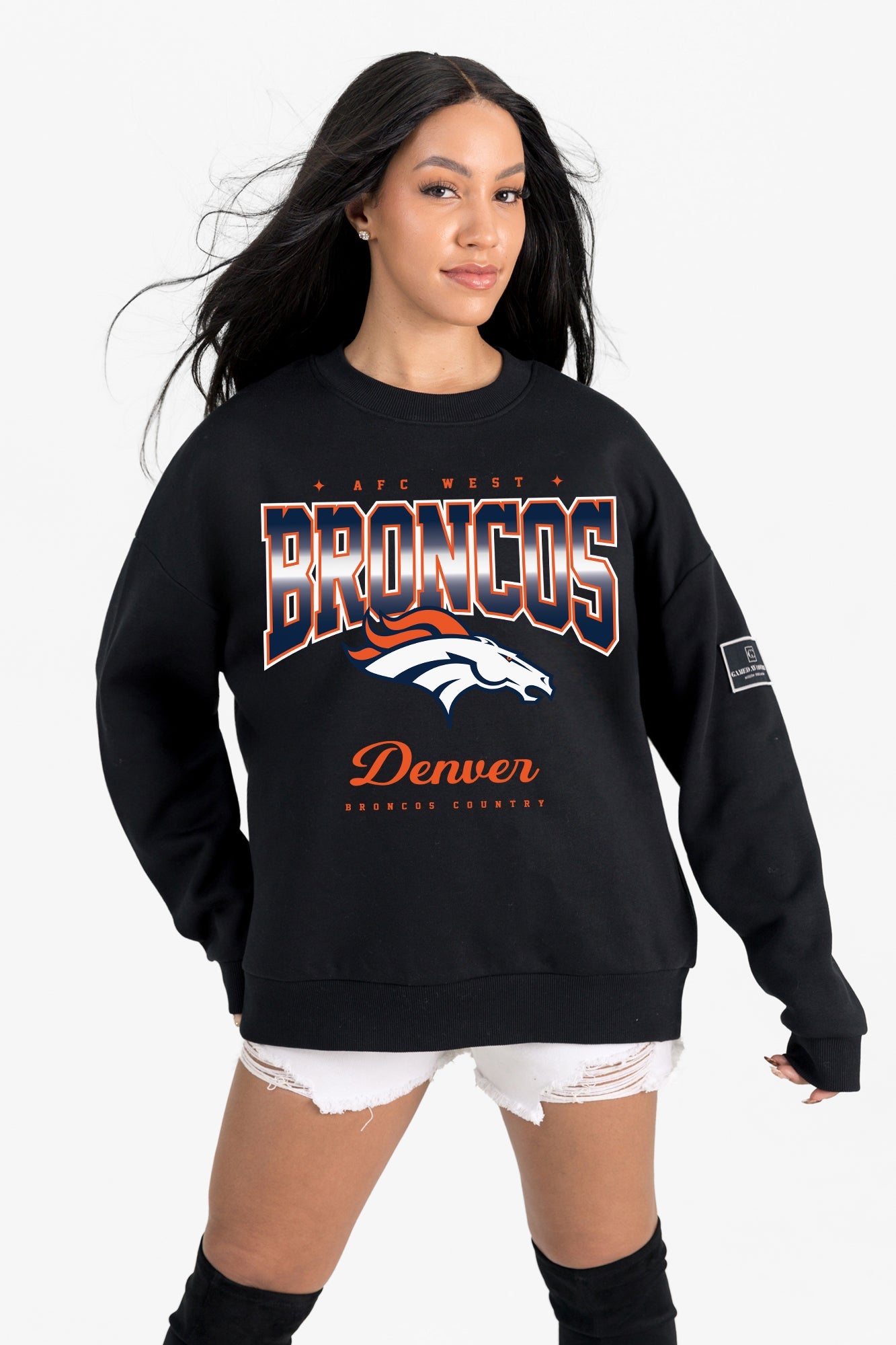 DENVER BRONCOS POWERHOUSE PLAY BLACK LABEL PREMIUM FLEECE CREW SWEATSHIRT