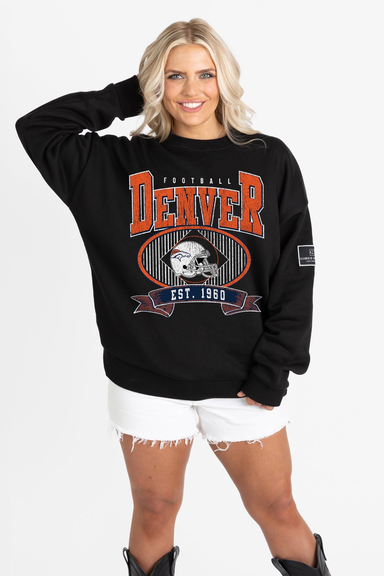DENVER BRONCOS BOLD CHEERS BLACK LABEL PREMIUM FLEECE CREW SWEATSHIRT