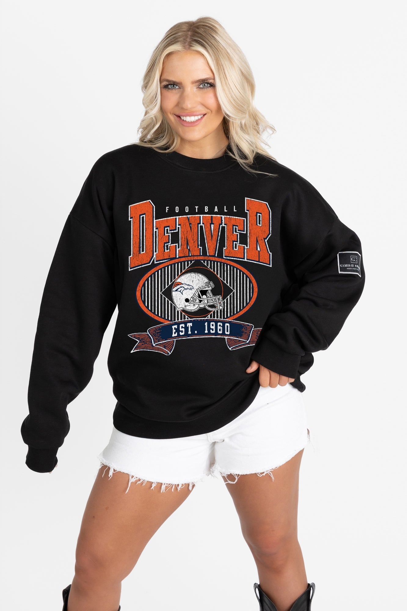 DENVER BRONCOS BOLD CHEERS BLACK LABEL PREMIUM FLEECE CREW SWEATSHIRT