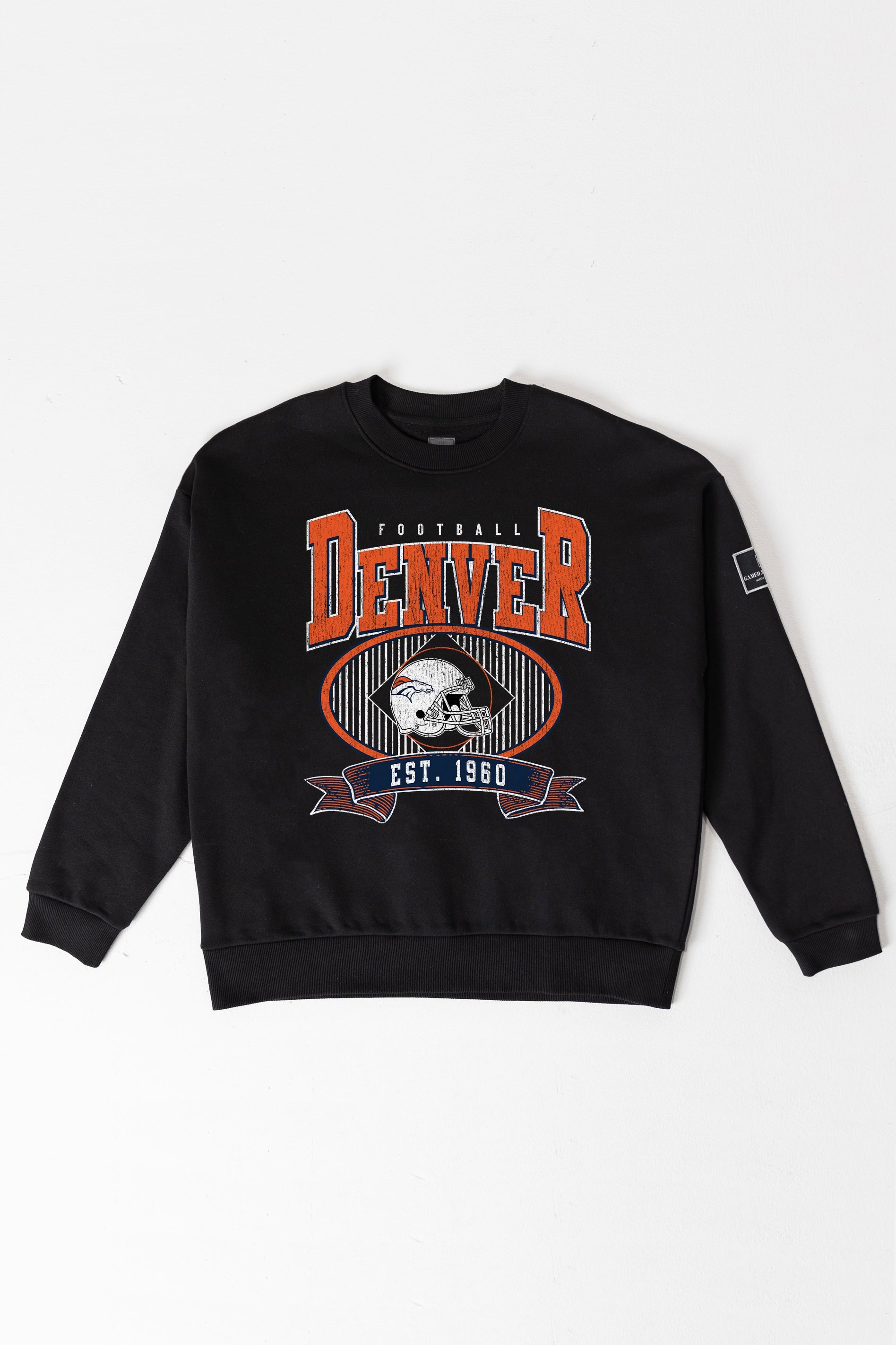 DENVER BRONCOS BOLD CHEERS BLACK LABEL PREMIUM FLEECE CREW SWEATSHIRT