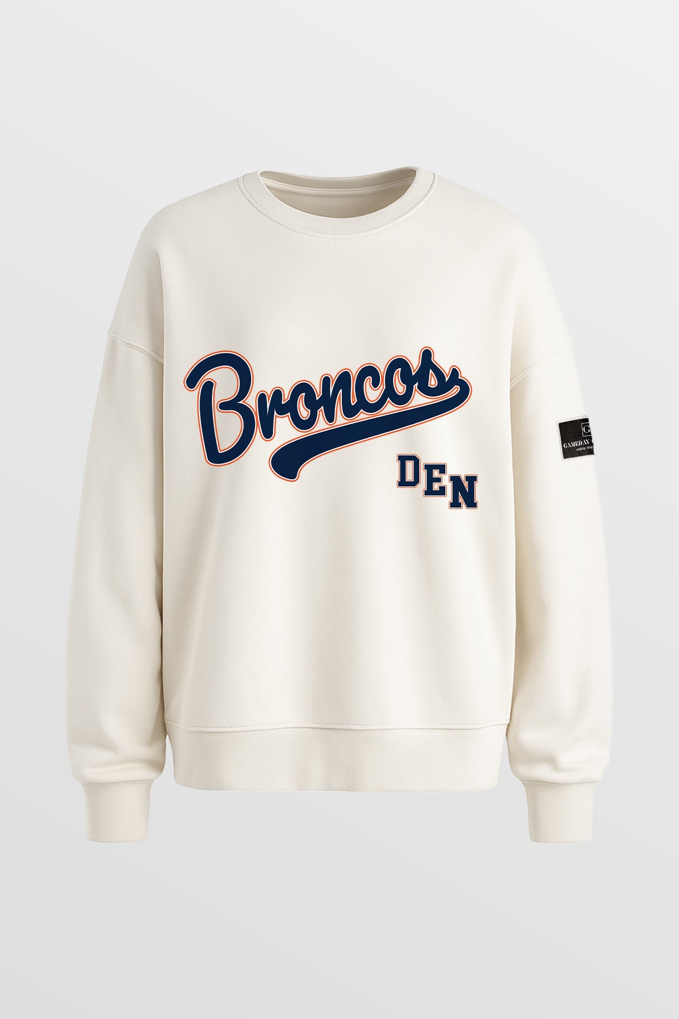 DENVER BRONCOS CLUTCH MOVE BLACK LABEL PREMIUM FLEECE CREW SWEATSHIRT BY RANDI MAHOMES