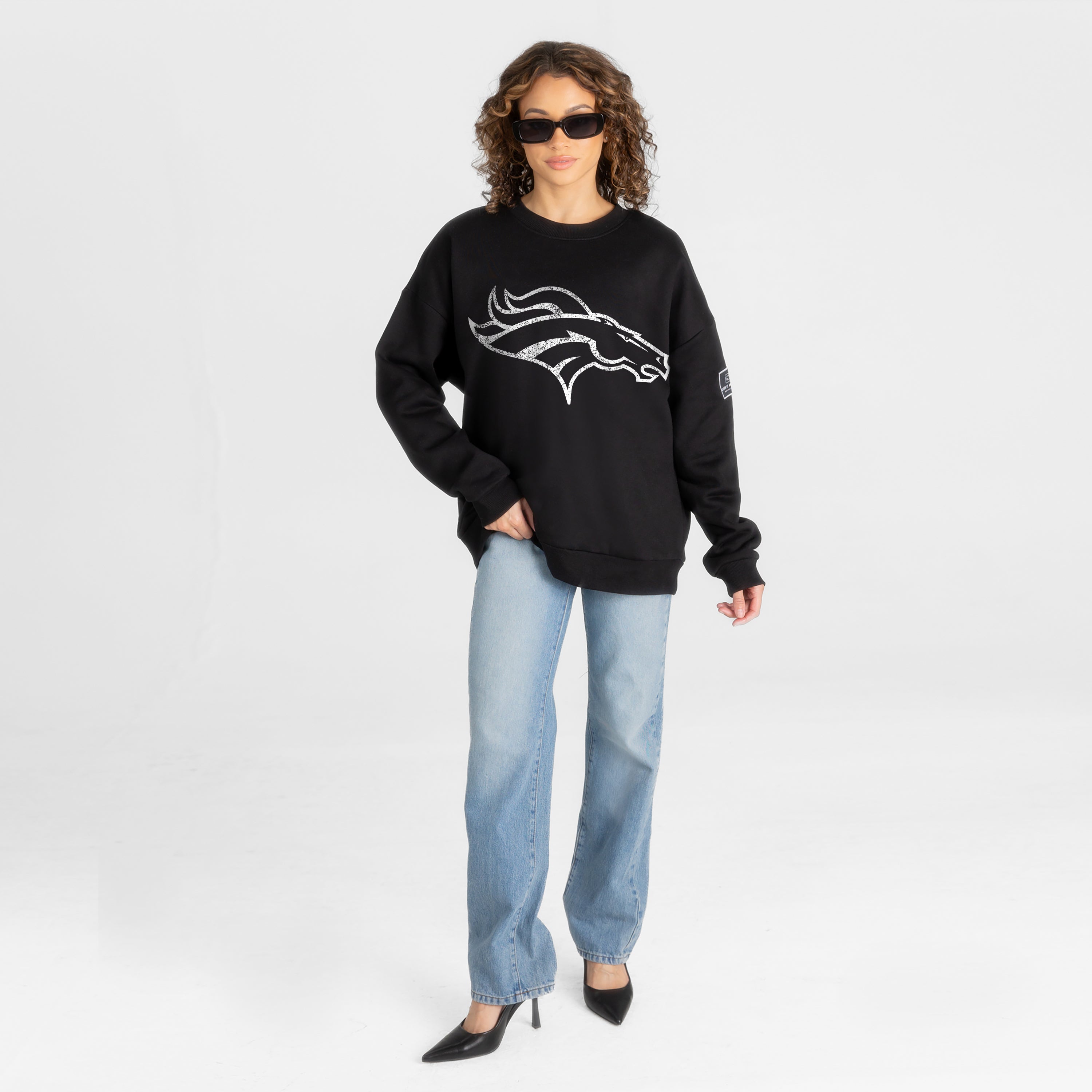 DENVER BRONCOS BOLD MOVE BLACK LABEL PREMIUM FLEECE DROP SHOULDER CREWNECK