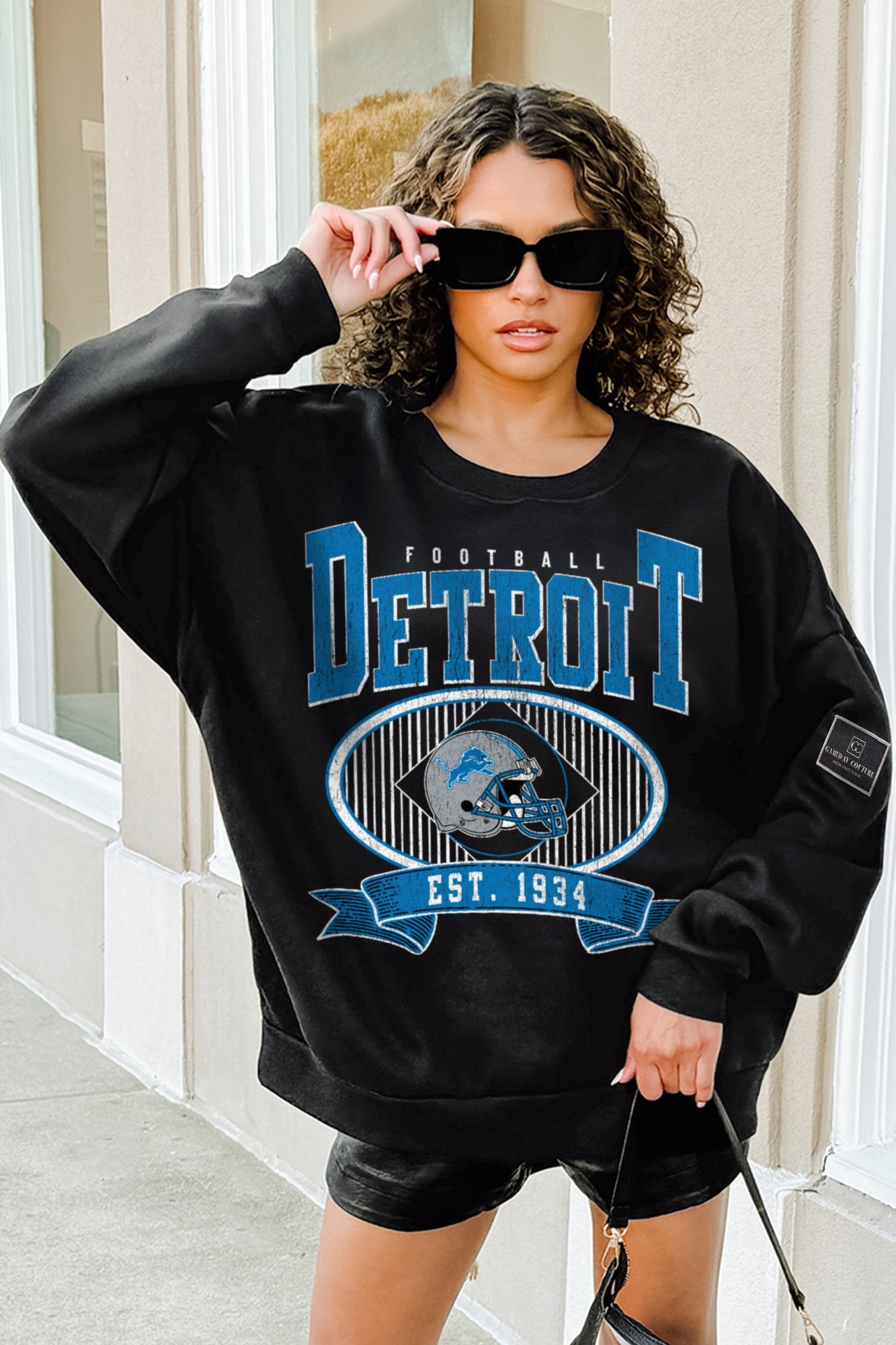 DETROIT LIONS BOLD CHEERS BLACK LABEL PREMIUM FLEECE CREW SWEATSHIRT