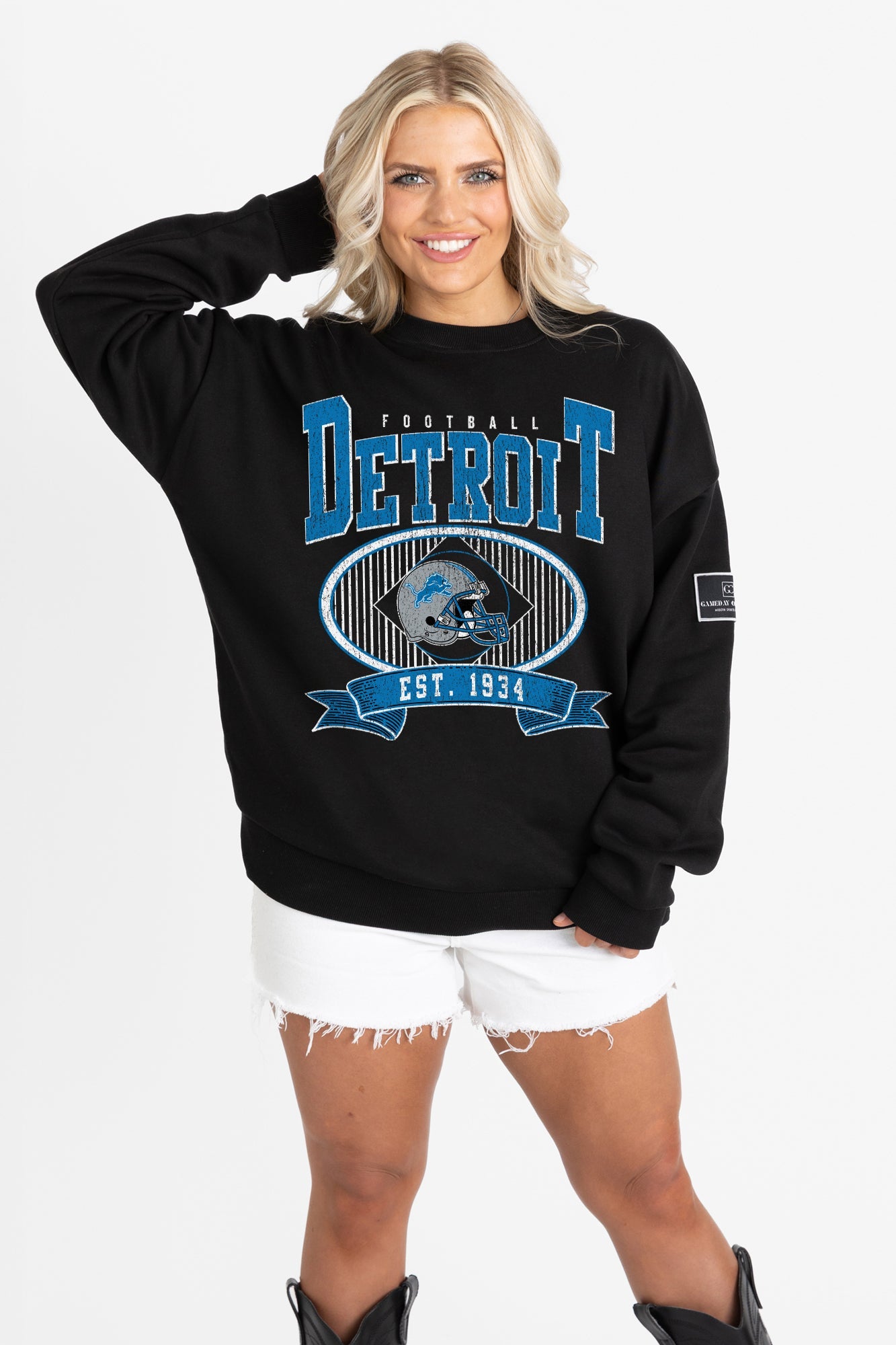 DETROIT LIONS BOLD CHEERS BLACK LABEL PREMIUM FLEECE CREW SWEATSHIRT