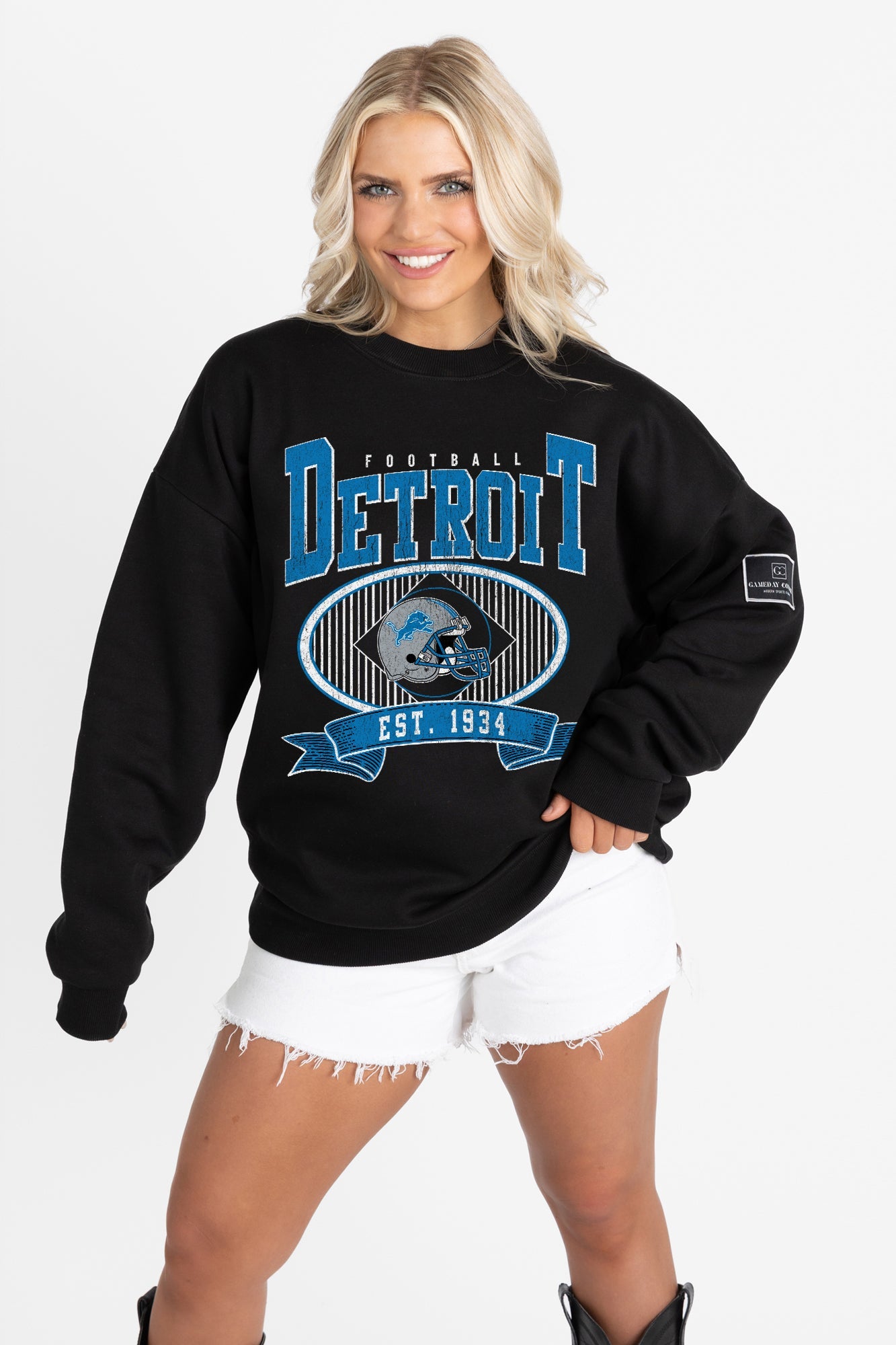 DETROIT LIONS BOLD CHEERS BLACK LABEL PREMIUM FLEECE CREW SWEATSHIRT
