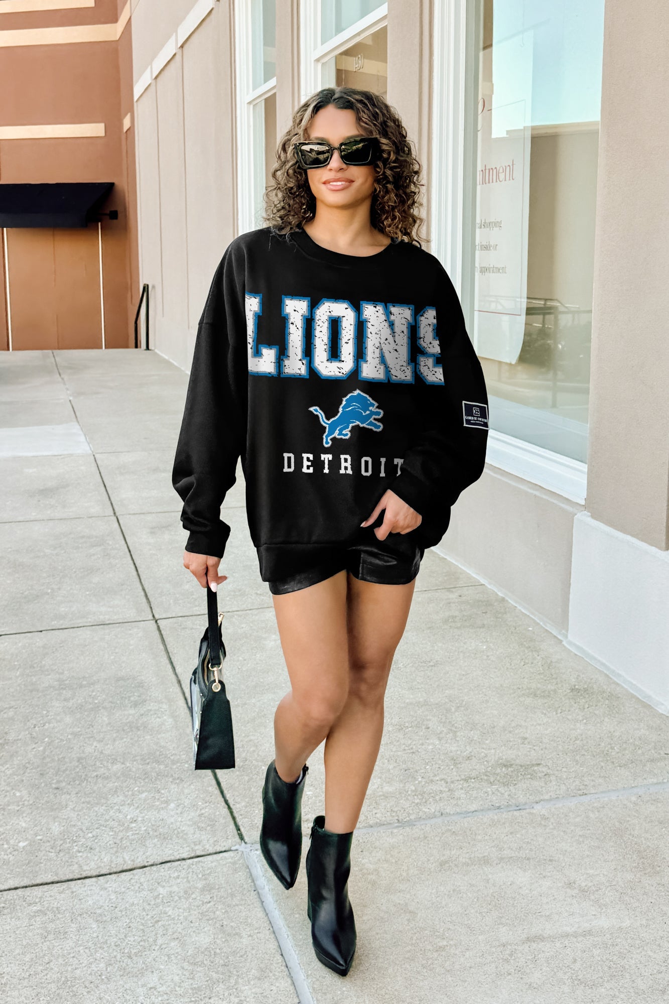 DETROIT LIONS LEVEL UP BLACK LABEL PREMIUM FLEECE CREW SWEATSHIRT