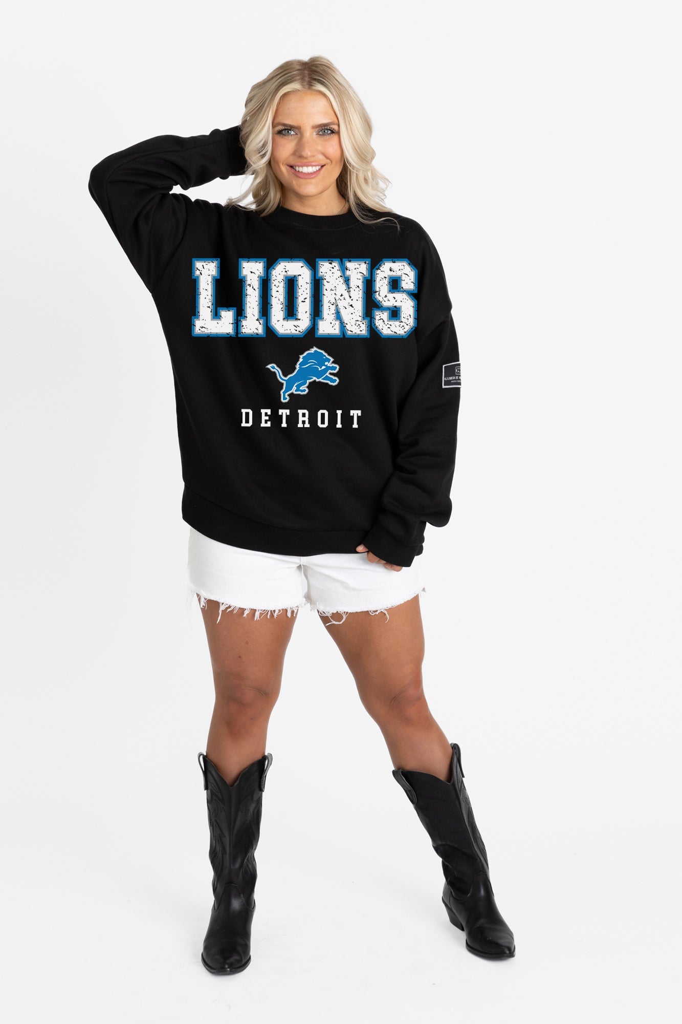DETROIT LIONS LEVEL UP BLACK LABEL PREMIUM FLEECE CREW SWEATSHIRT