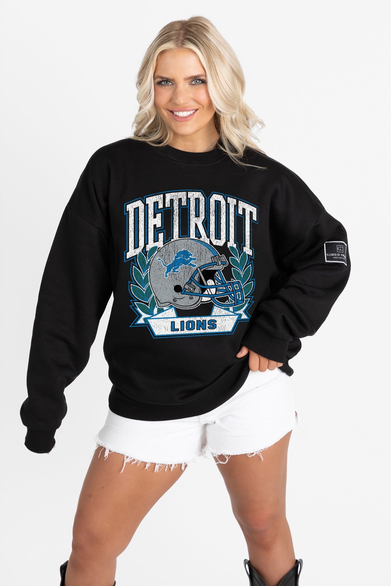 DETROIT LIONS VICTORY LANE BLACK LABEL PREMIUM FLEECE CREW SWEATSHIRT