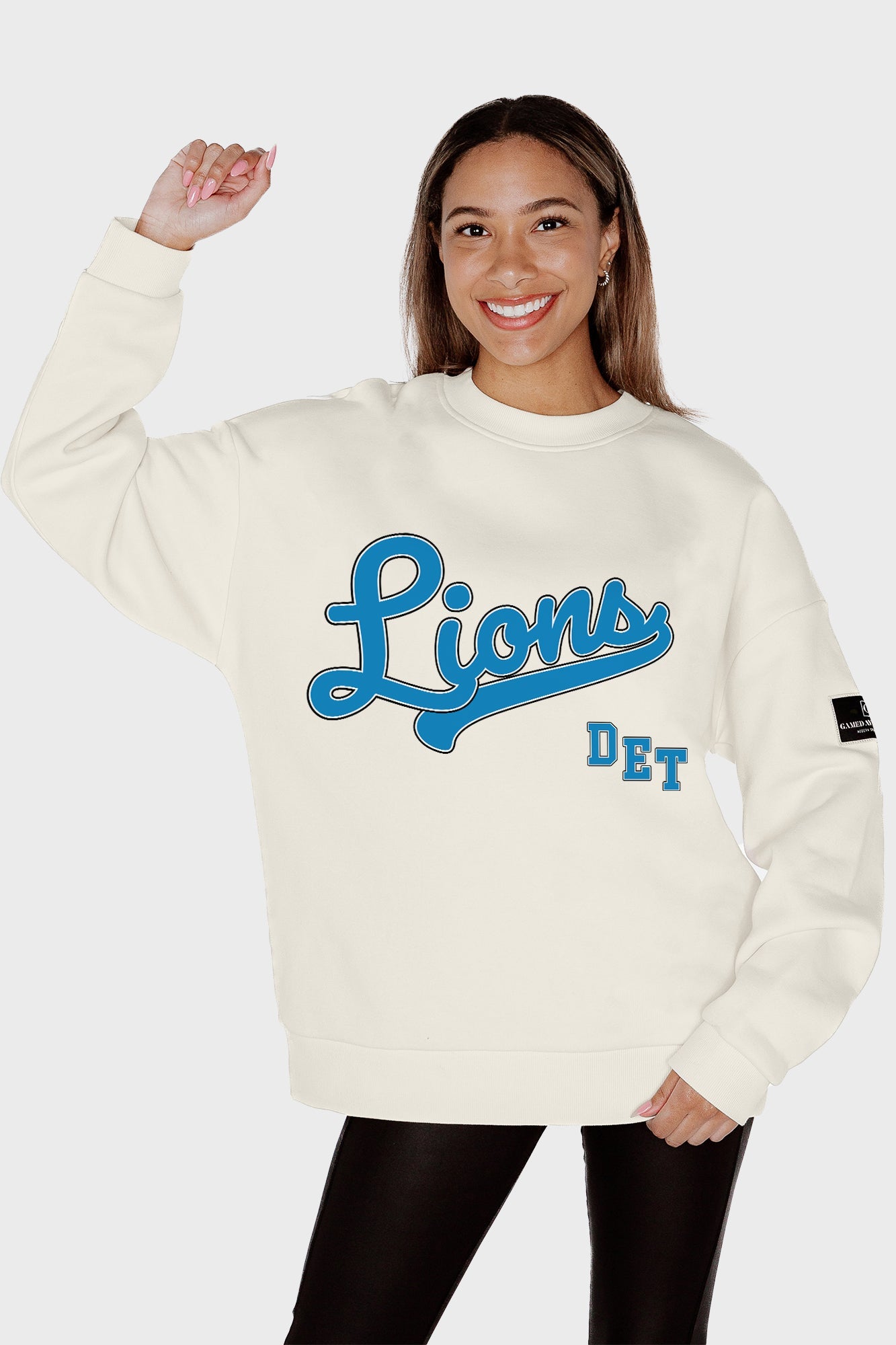 DETROIT LIONS CLUTCH MOVE BLACK LABEL PREMIUM FLEECE CREW SWEATSHIRT BY RANDI MAHOMES