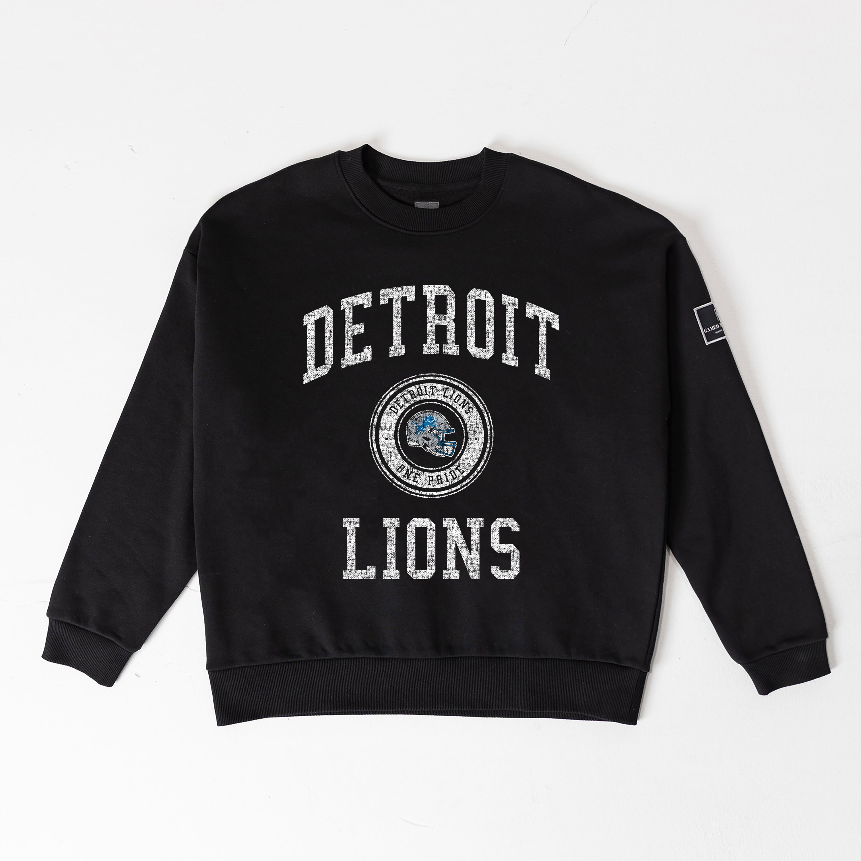 DETROIT LIONS FIERCE FLOW BLACK LABEL PREMIUM FLEECE DROP SHOULDER CREWNECK