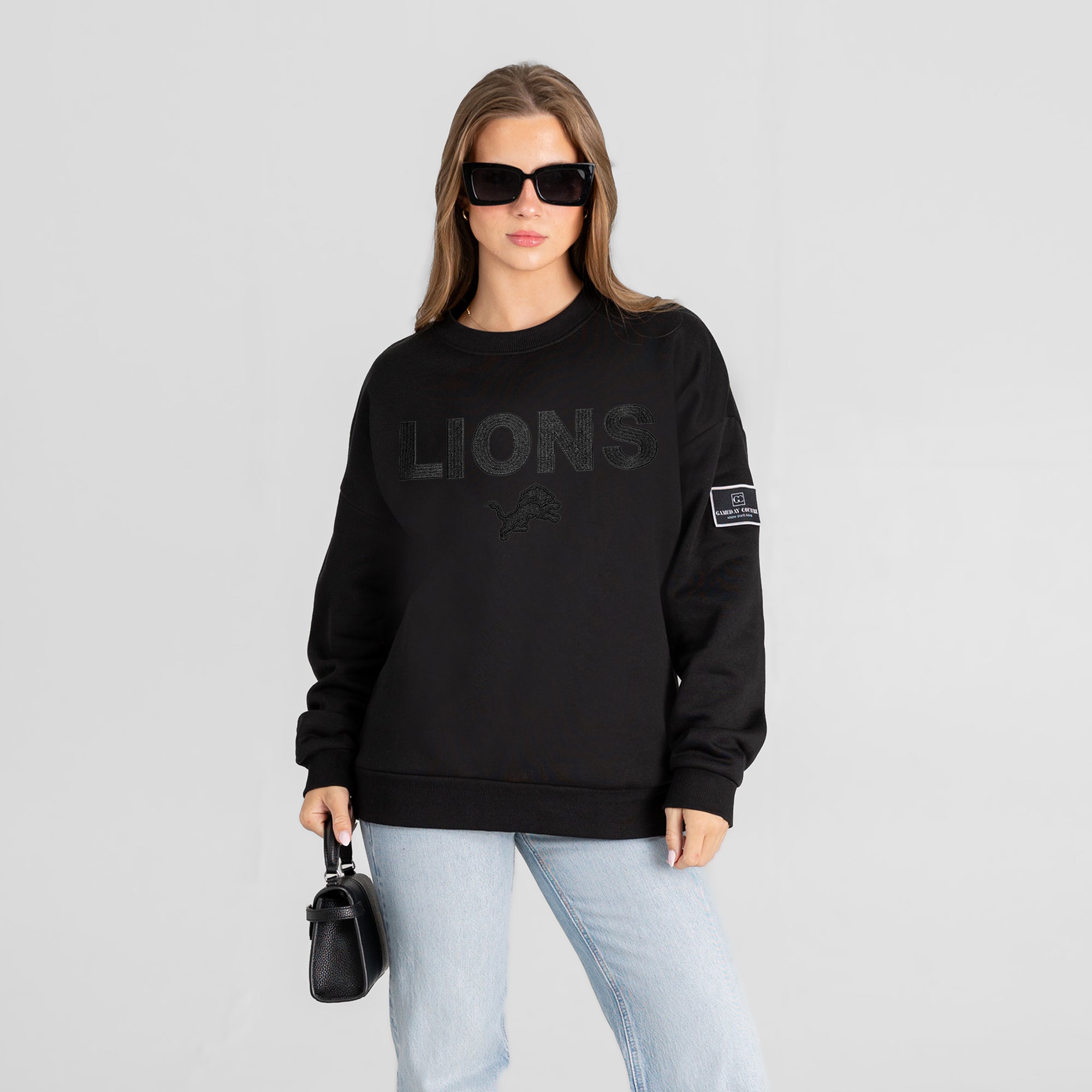 DETROIT LIONS ELITE ERA EMBROIDERED BLACK LABEL CREWNECK PULLOVER
