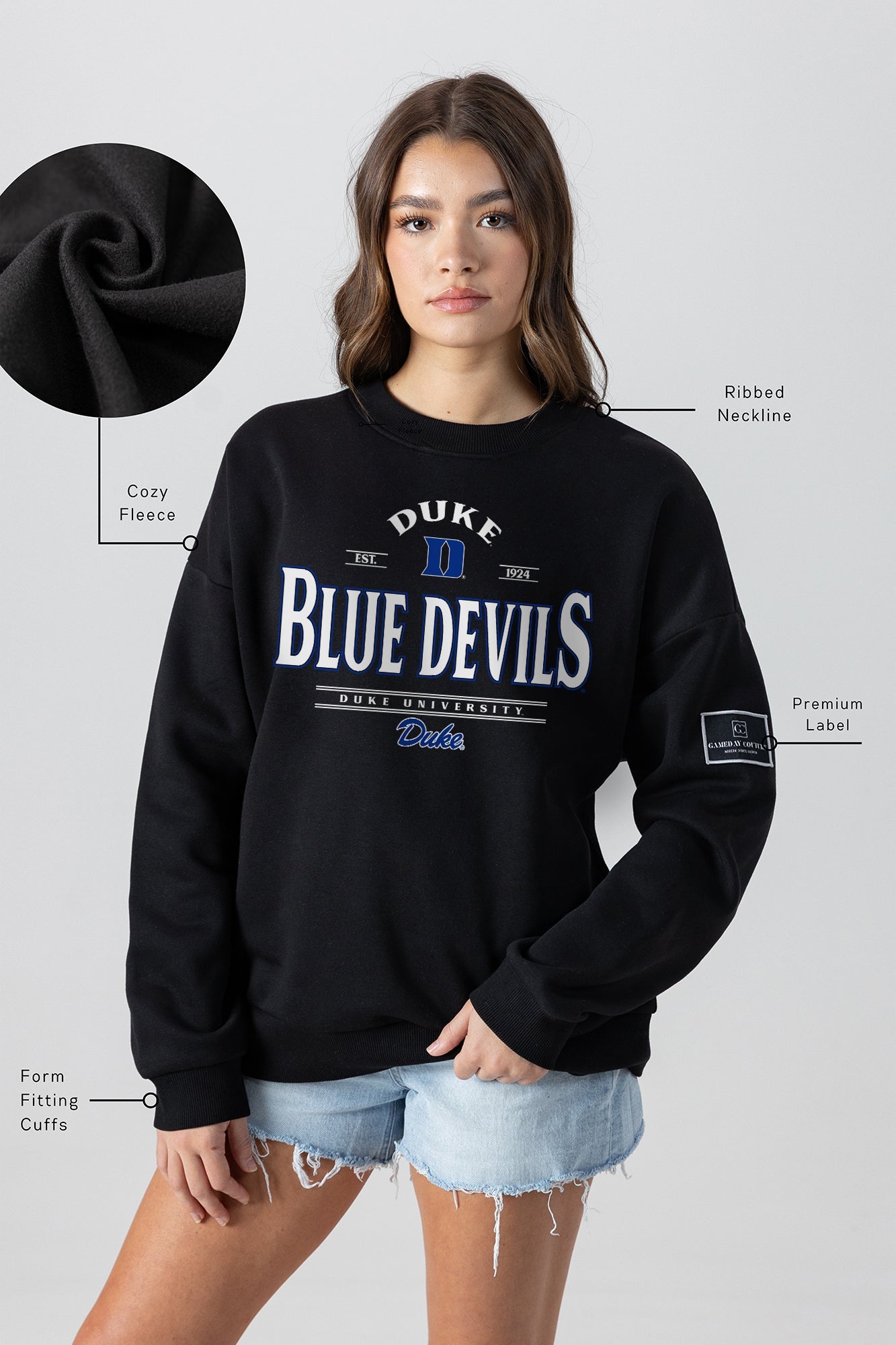 DUKE BLUE DEVILS PLAYERS ONLY BLACK LABEL PREMIUM FLEECE DROP SHOULDER CREWNECK