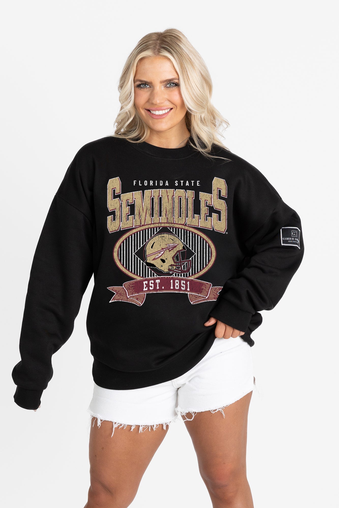 FLORIDA STATE SEMINOLES BOLD CHEERS BLACK LABEL PREMIUM FLEECE CREW SWEATSHIRT
