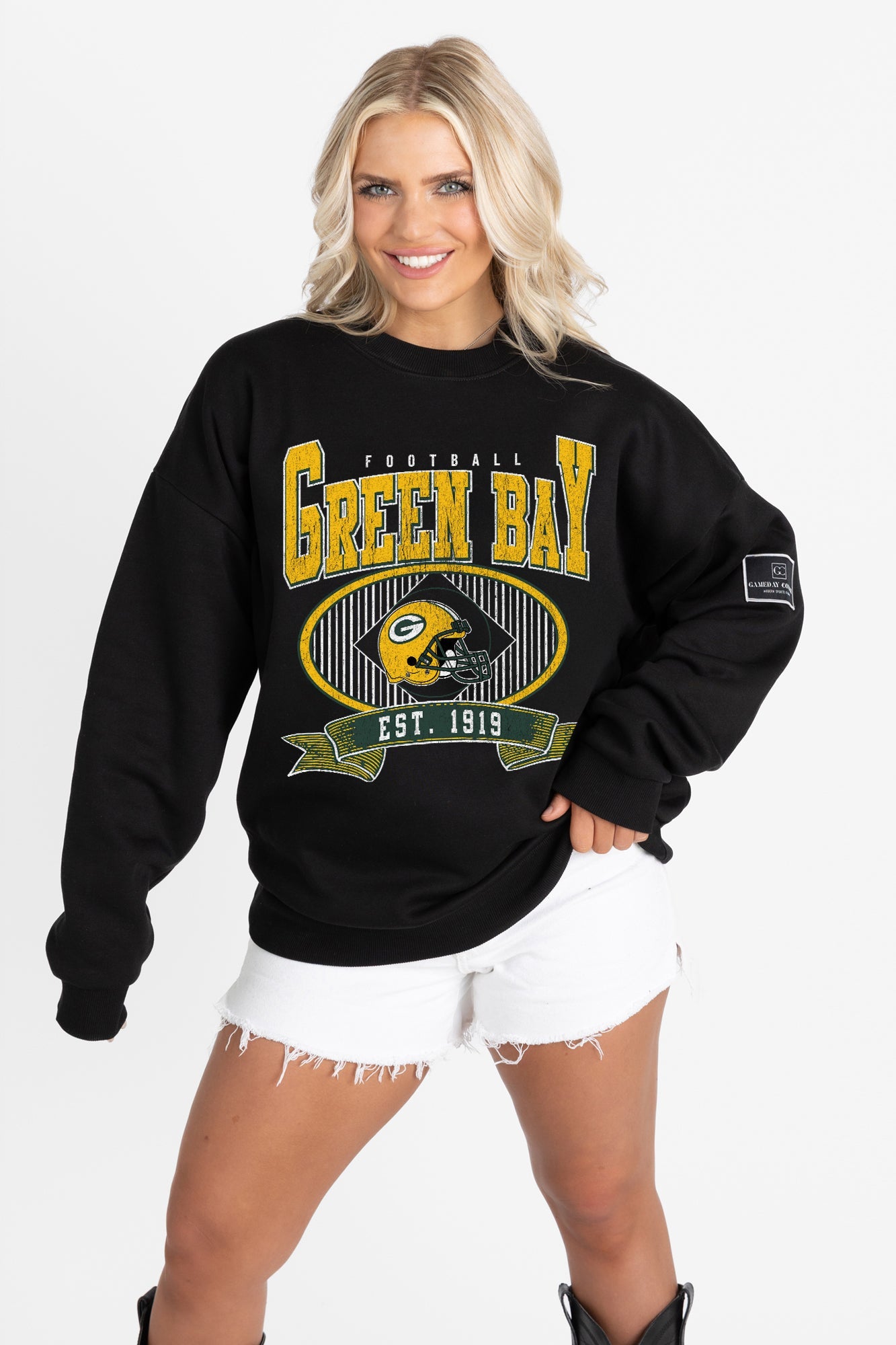 GREEN BAY PACKERS BOLD CHEERS BLACK LABEL PREMIUM FLEECE CREW SWEATSHIRT