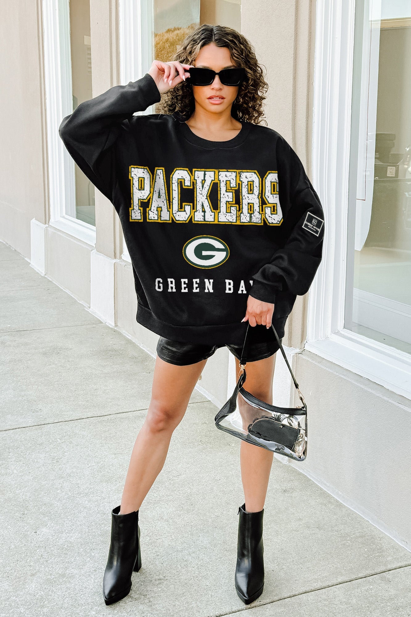 GREEN BAY PACKERS LEVEL UP BLACK LABEL PREMIUM FLEECE CREW SWEATSHIRT