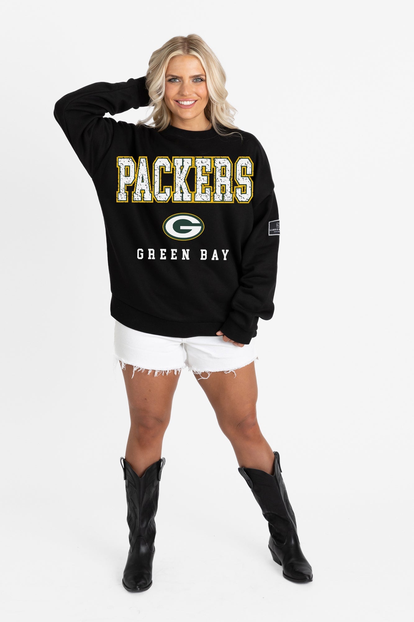 GREEN BAY PACKERS LEVEL UP BLACK LABEL PREMIUM FLEECE CREW SWEATSHIRT