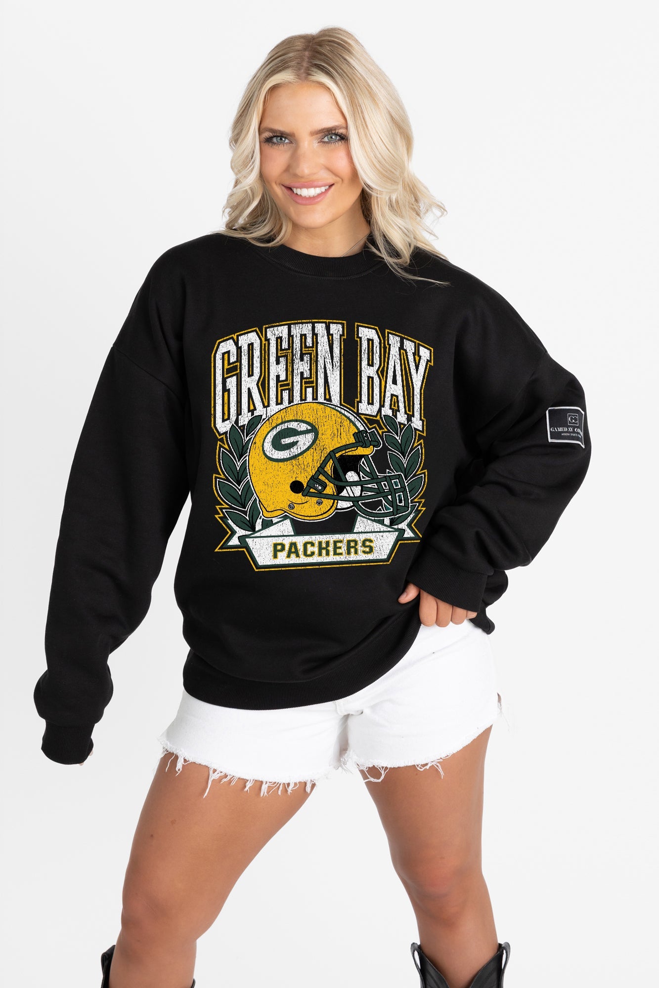 GREEN BAY PACKERS VICTORY LANE BLACK LABEL PREMIUM FLEECE CREW SWEATSHIRT