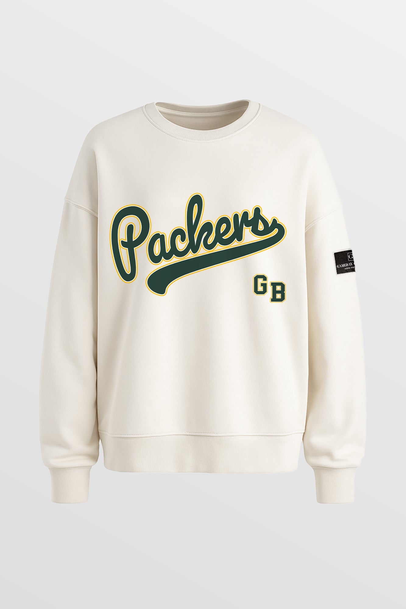 GREEN BAY PACKERS CLUTCH MOVE BLACK LABEL PREMIUM FLEECE CREW SWEATSHIRT BY RANDI MAHOMES