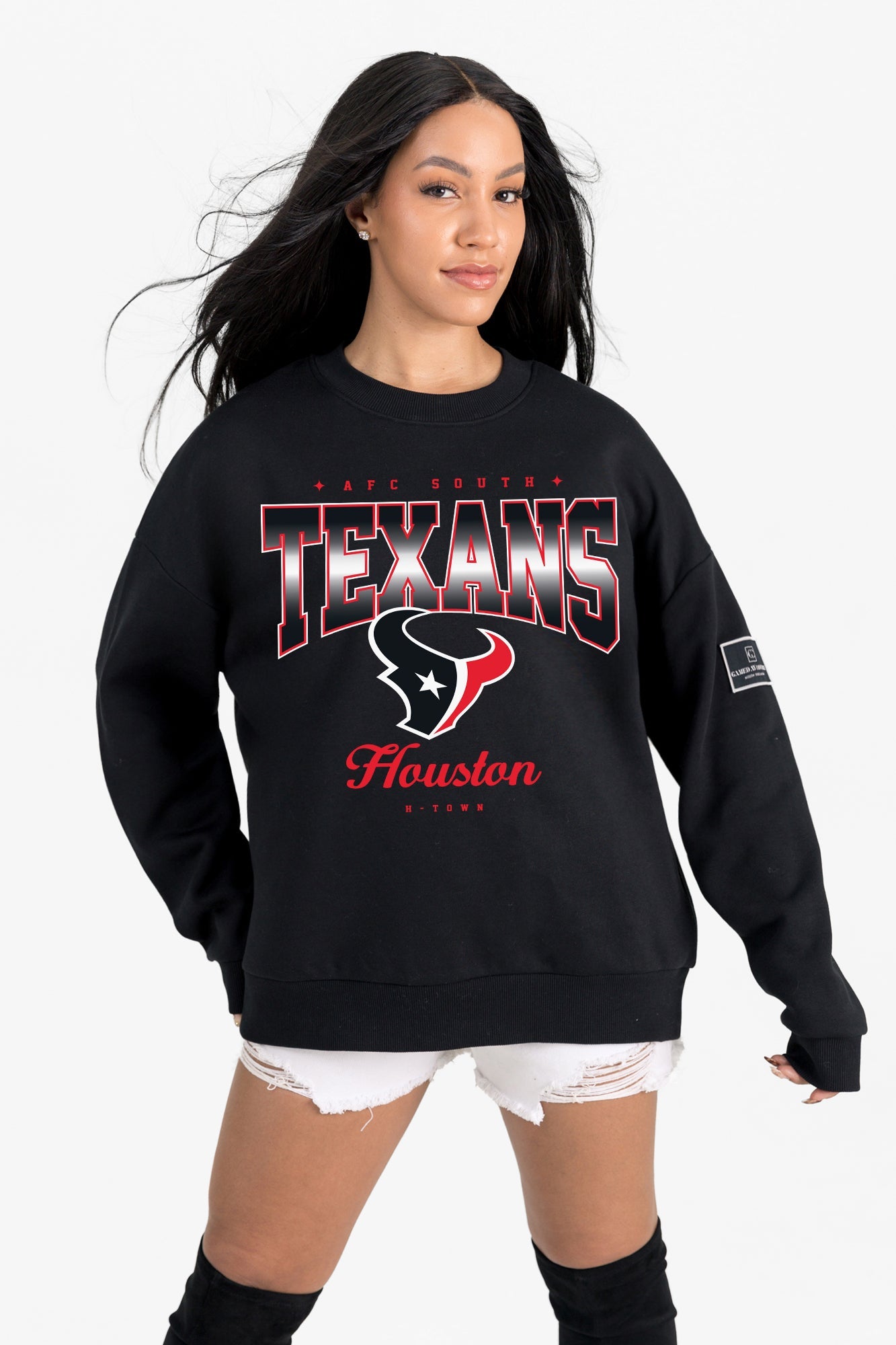 HOUSTON TEXANS POWERHOUSE PLAY BLACK LABEL PREMIUM FLEECE CREW SWEATSHIRT