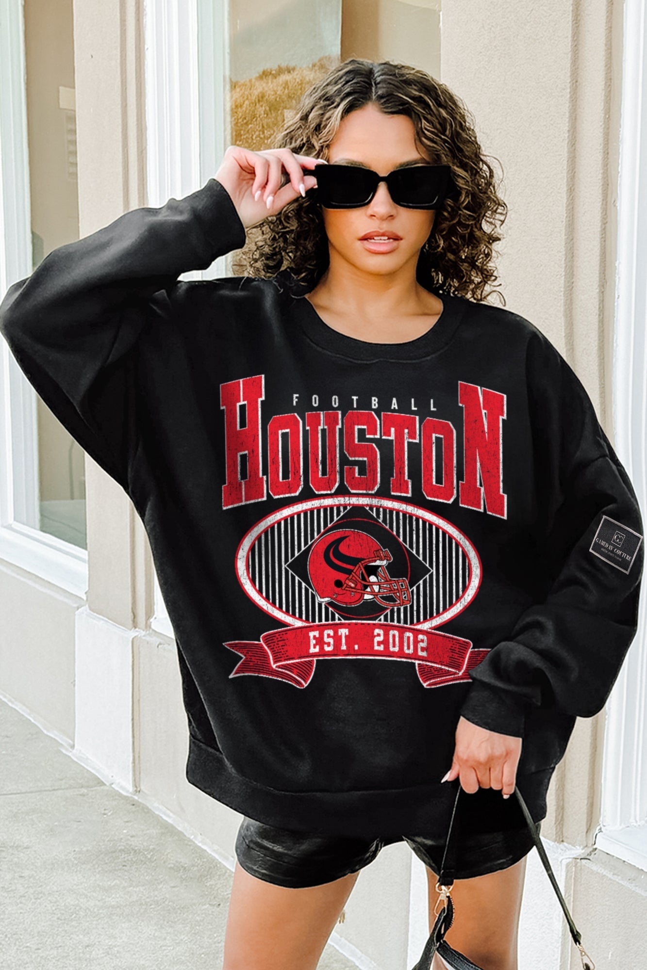 HOUSTON TEXANS BOLD CHEERS BLACK LABEL PREMIUM FLEECE CREW SWEATSHIRT