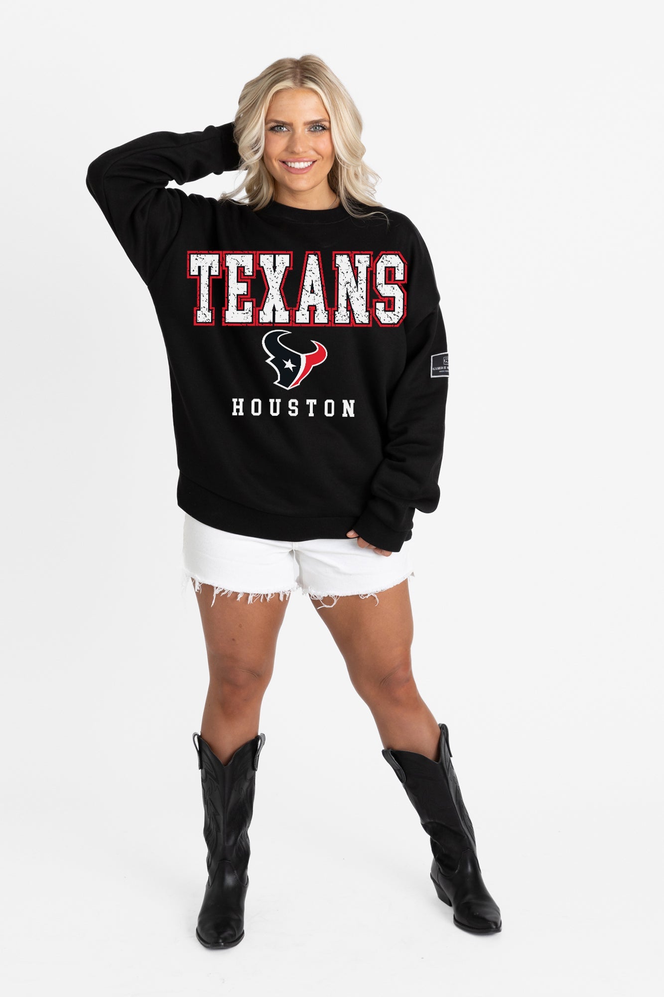 HOUSTON TEXANS LEVEL UP BLACK LABEL PREMIUM FLEECE CREW SWEATSHIRT