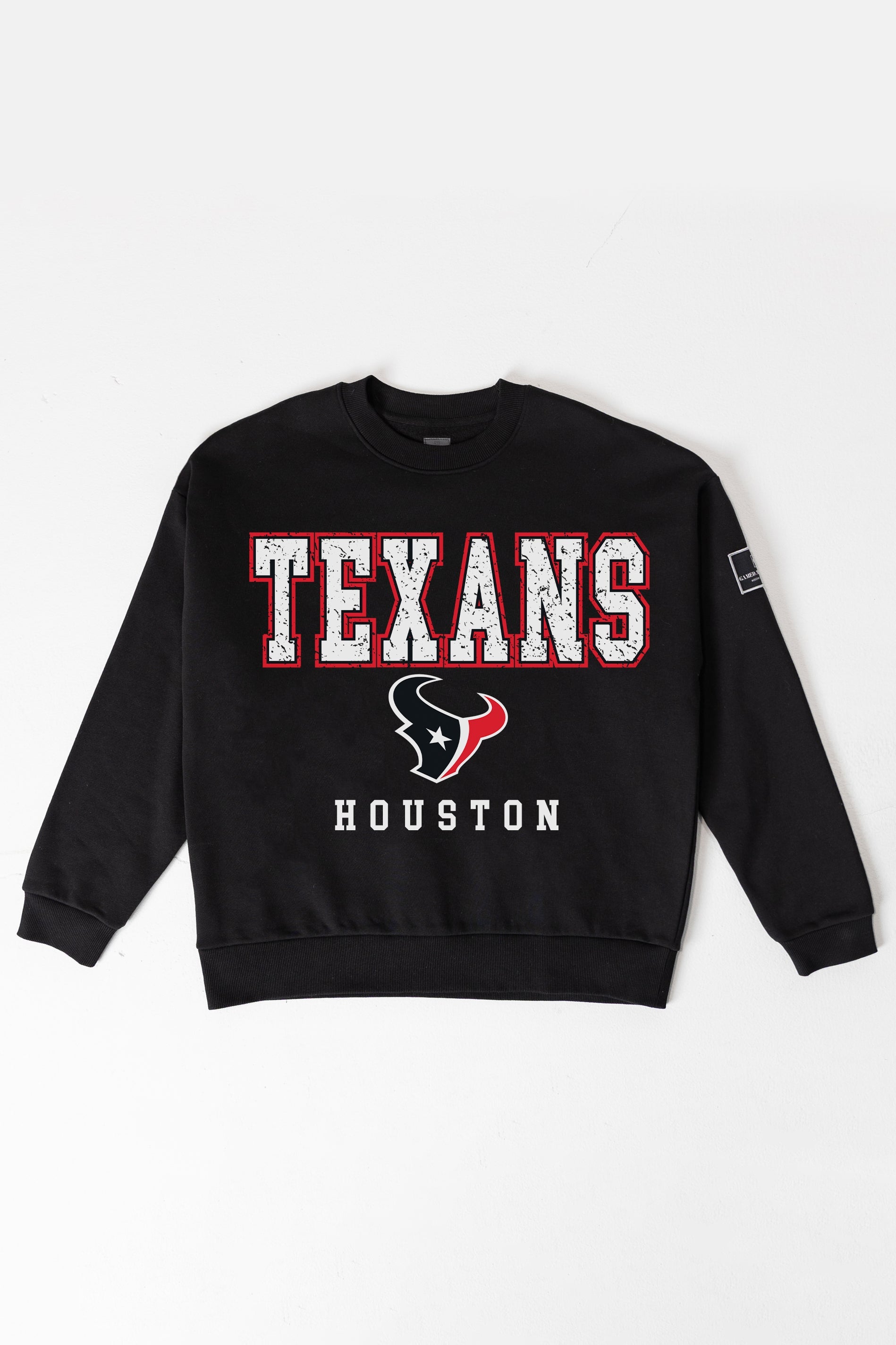 HOUSTON TEXANS LEVEL UP BLACK LABEL PREMIUM FLEECE CREW SWEATSHIRT