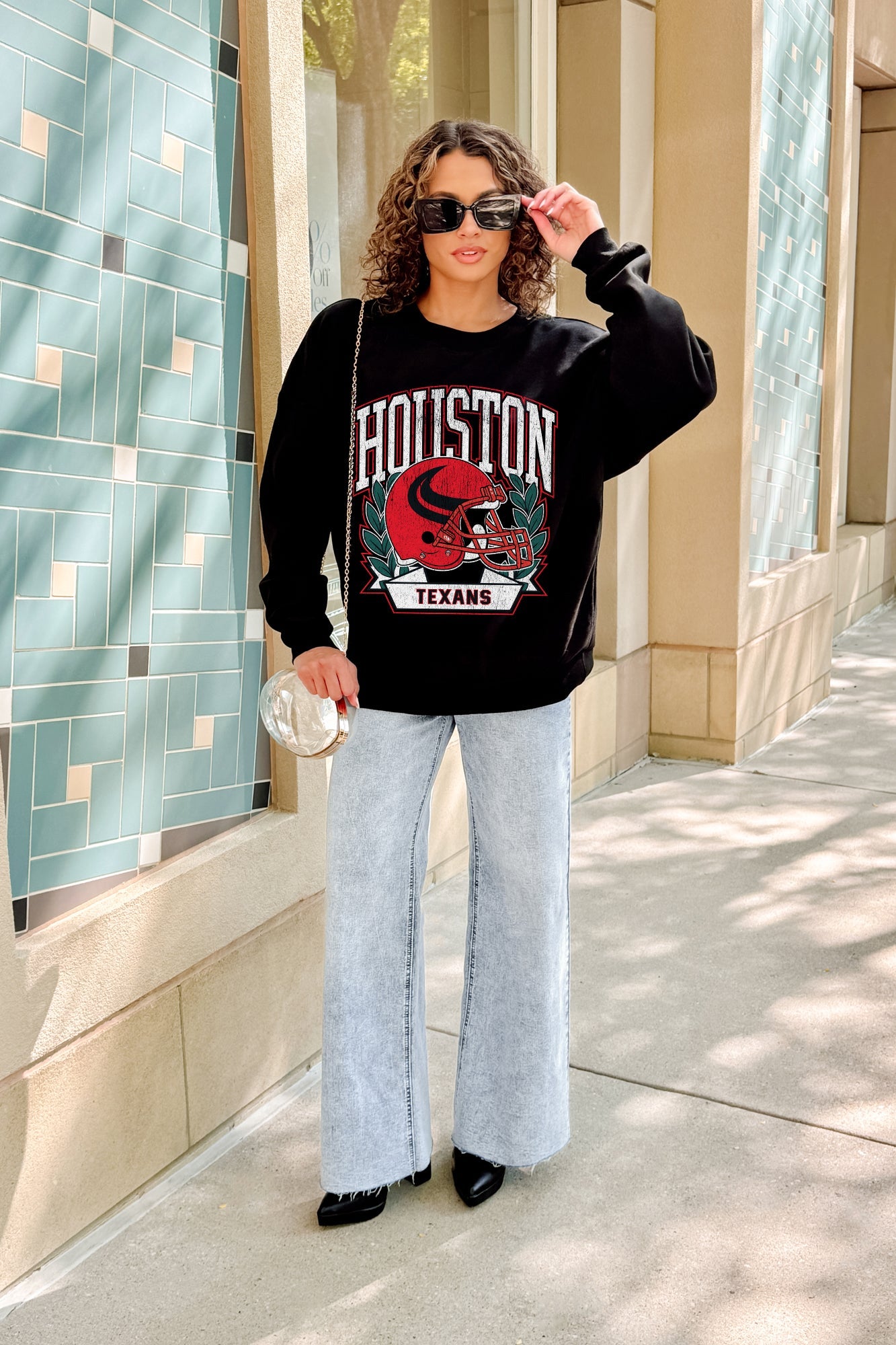 HOUSTON TEXANS VICTORY LANE BLACK LABEL PREMIUM FLEECE CREW SWEATSHIRT