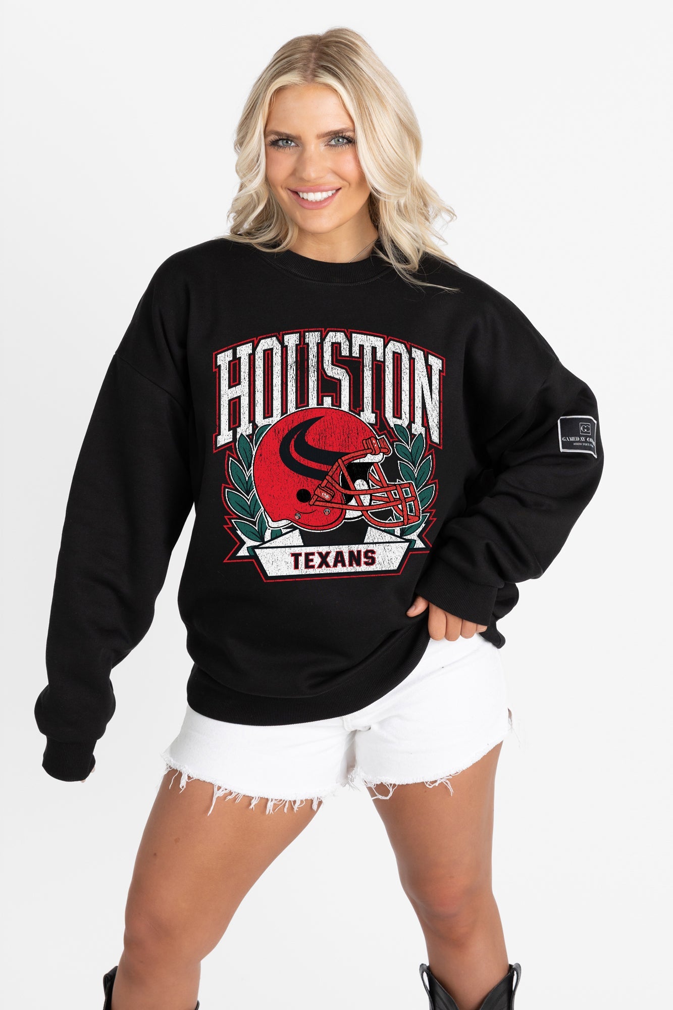 HOUSTON TEXANS VICTORY LANE BLACK LABEL PREMIUM FLEECE CREW SWEATSHIRT