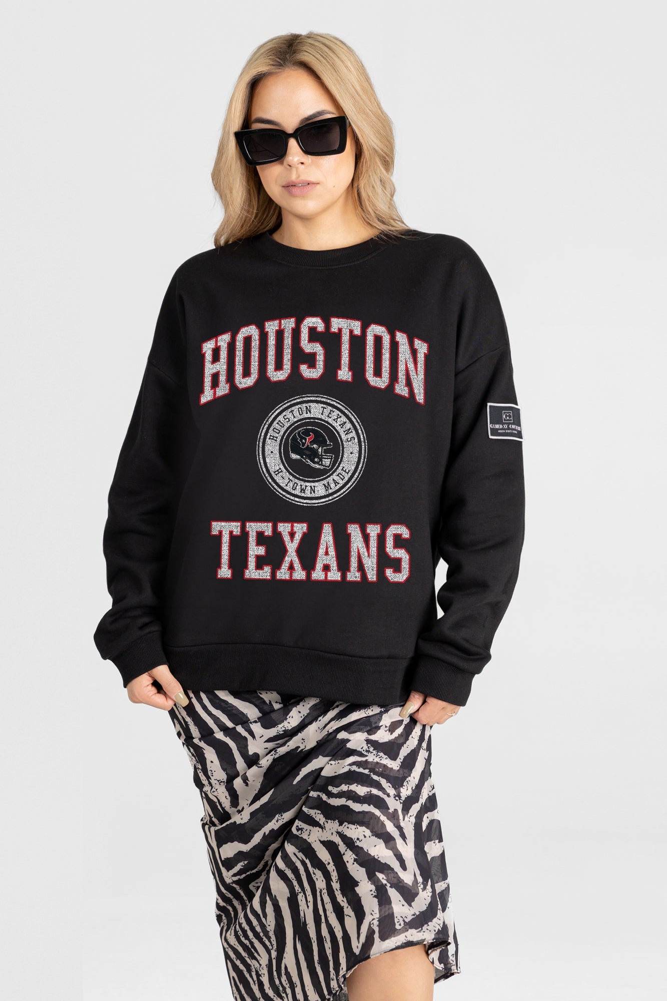 HOUSTON TEXANS FIERCE FLOW BLACK LABEL PREMIUM FLEECE DROP SHOULDER CREWNECK