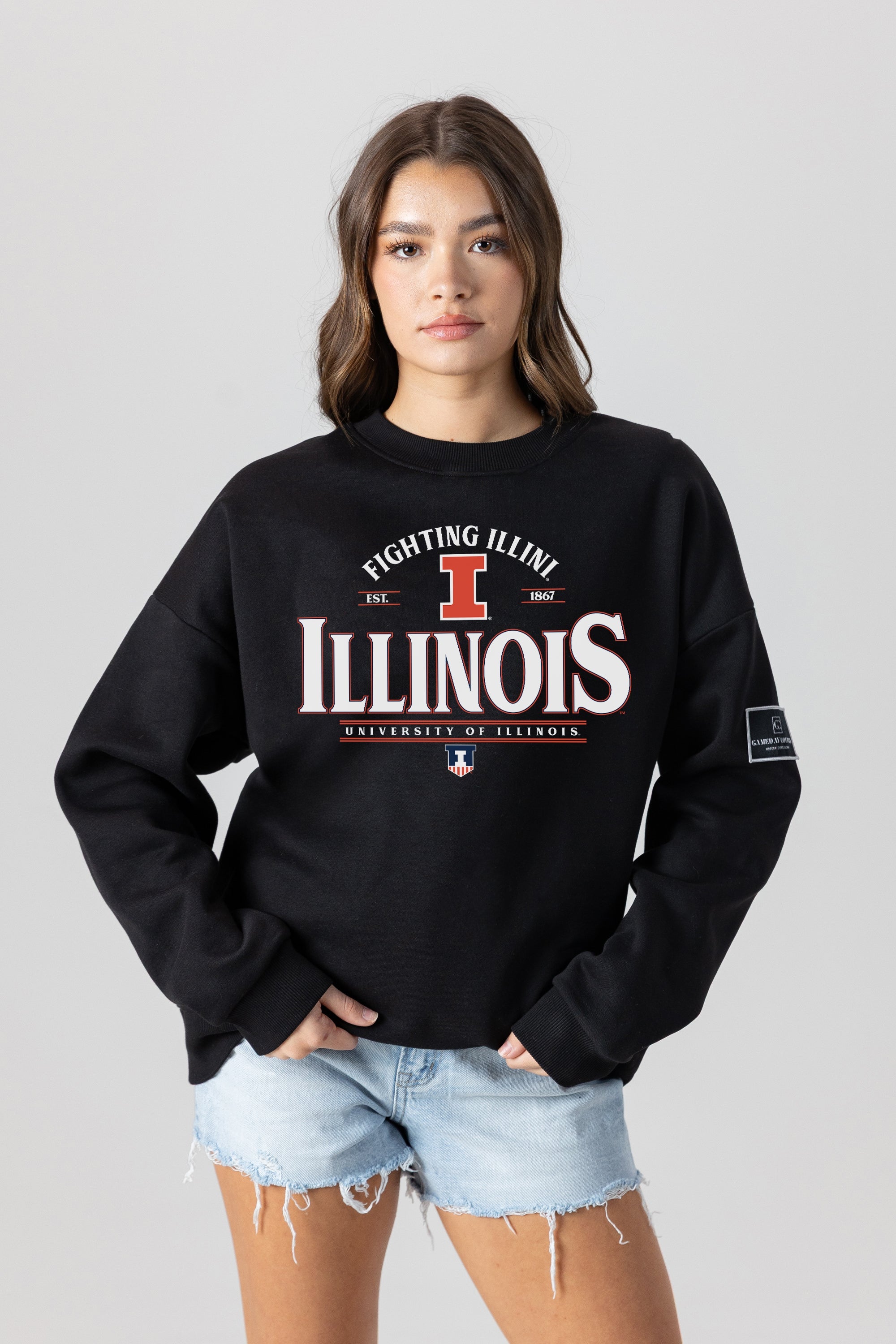 ILLINOIS FIGHTING ILLINI PLAYERS ONLY BLACK LABEL PREMIUM FLEECE DROP SHOULDER CREWNECK