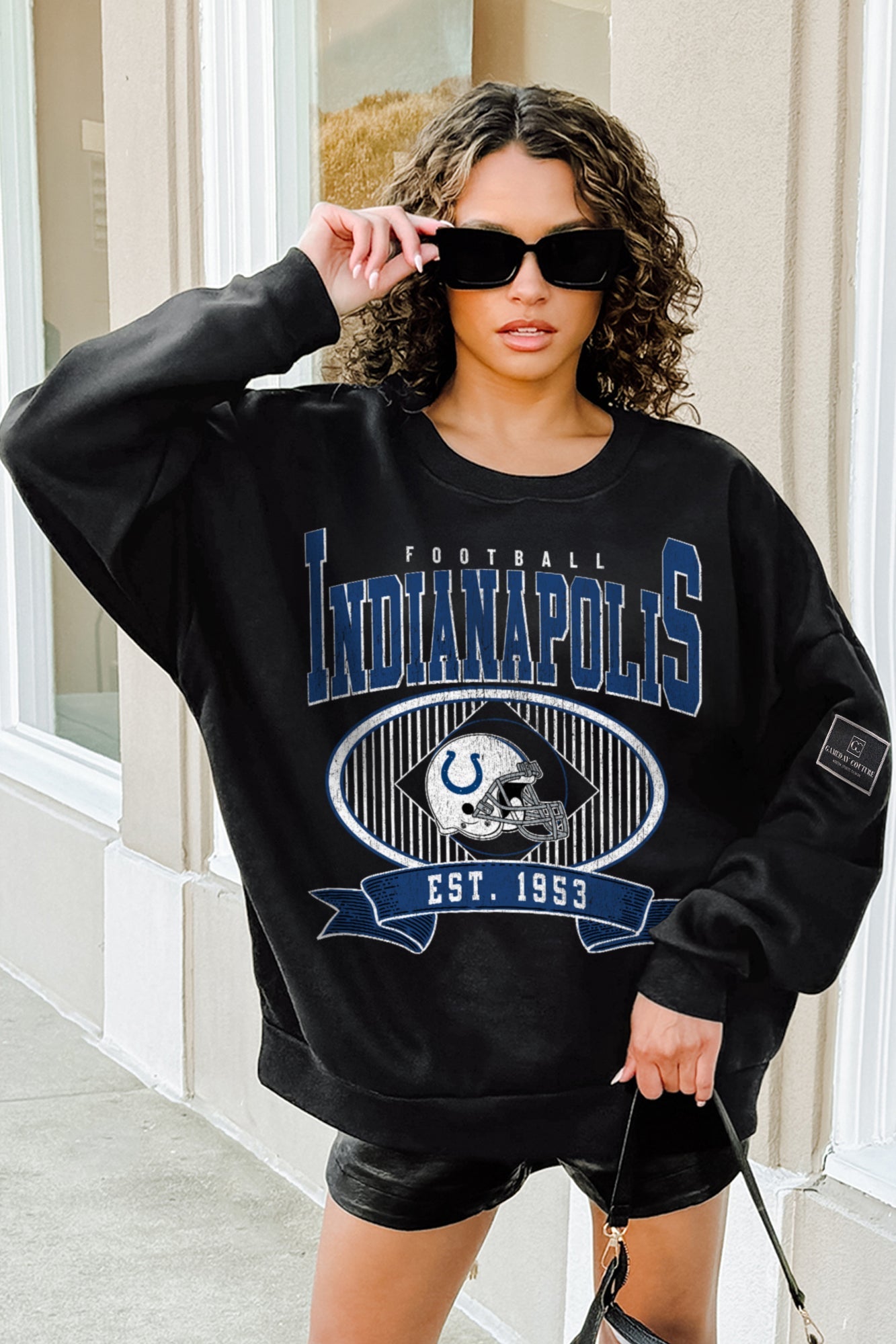 INDIANAPOLIS COLTS BOLD CHEERS BLACK LABEL PREMIUM FLEECE CREW SWEATSHIRT