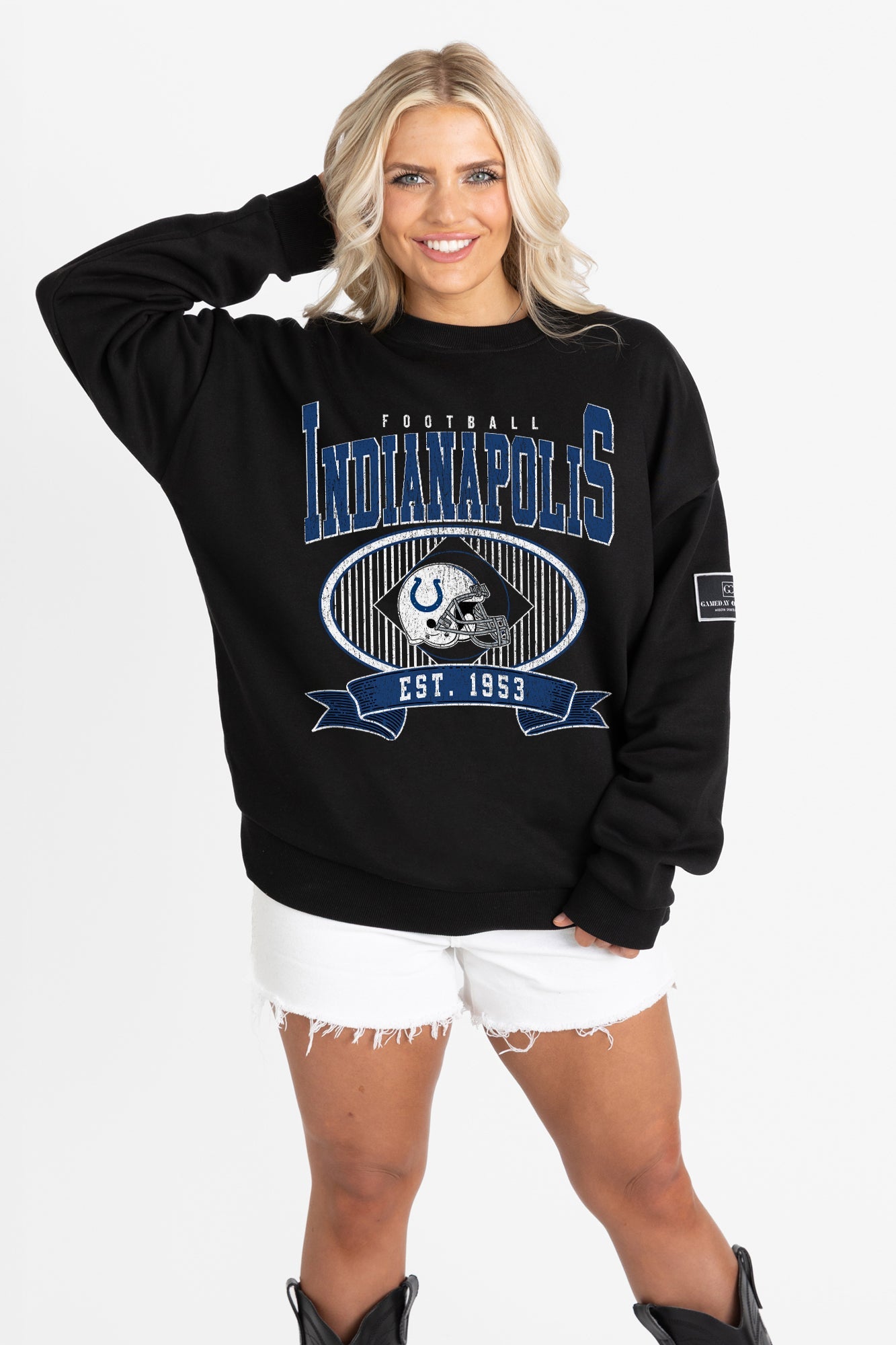 INDIANAPOLIS COLTS BOLD CHEERS BLACK LABEL PREMIUM FLEECE CREW SWEATSHIRT