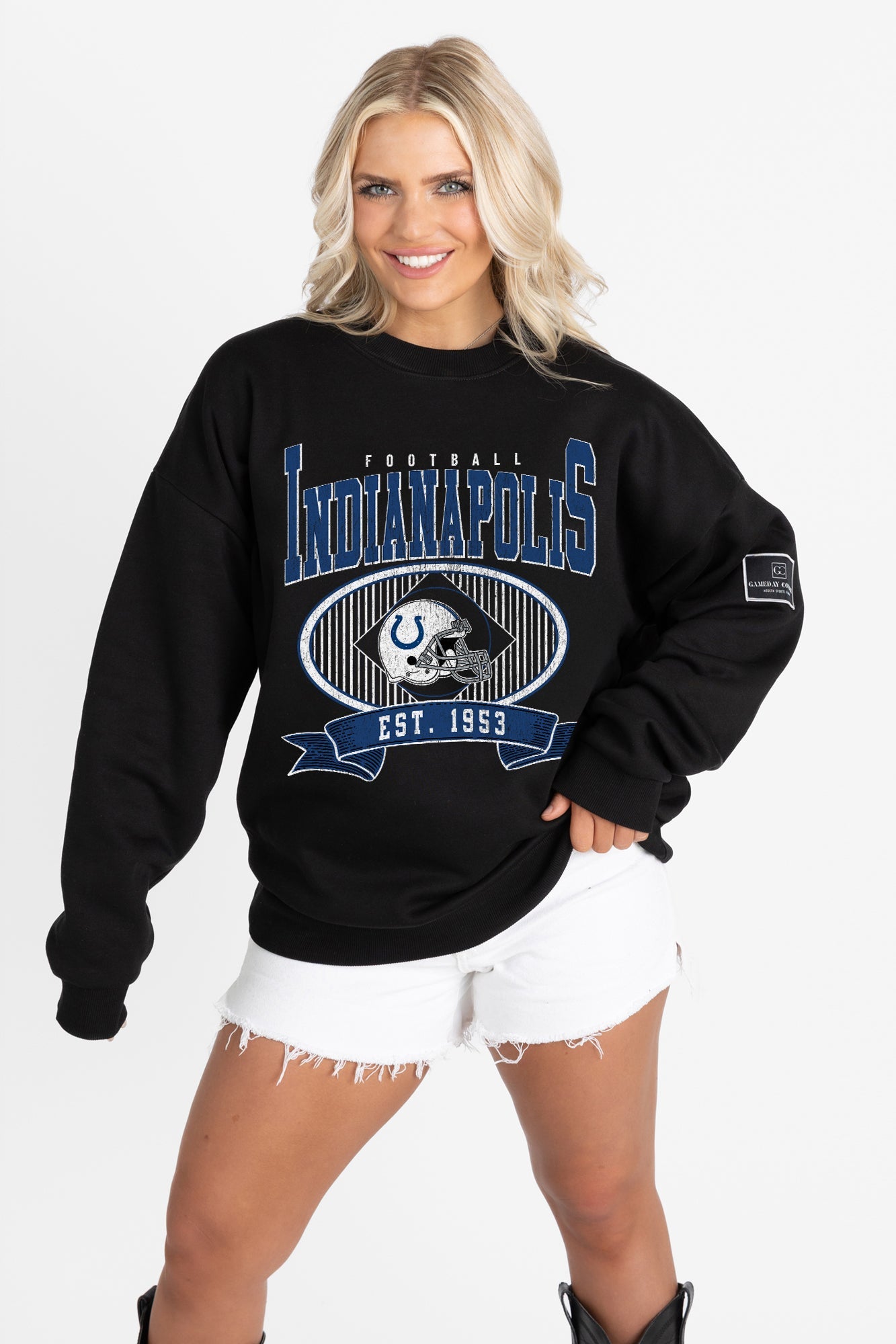 INDIANAPOLIS COLTS BOLD CHEERS BLACK LABEL PREMIUM FLEECE CREW SWEATSHIRT