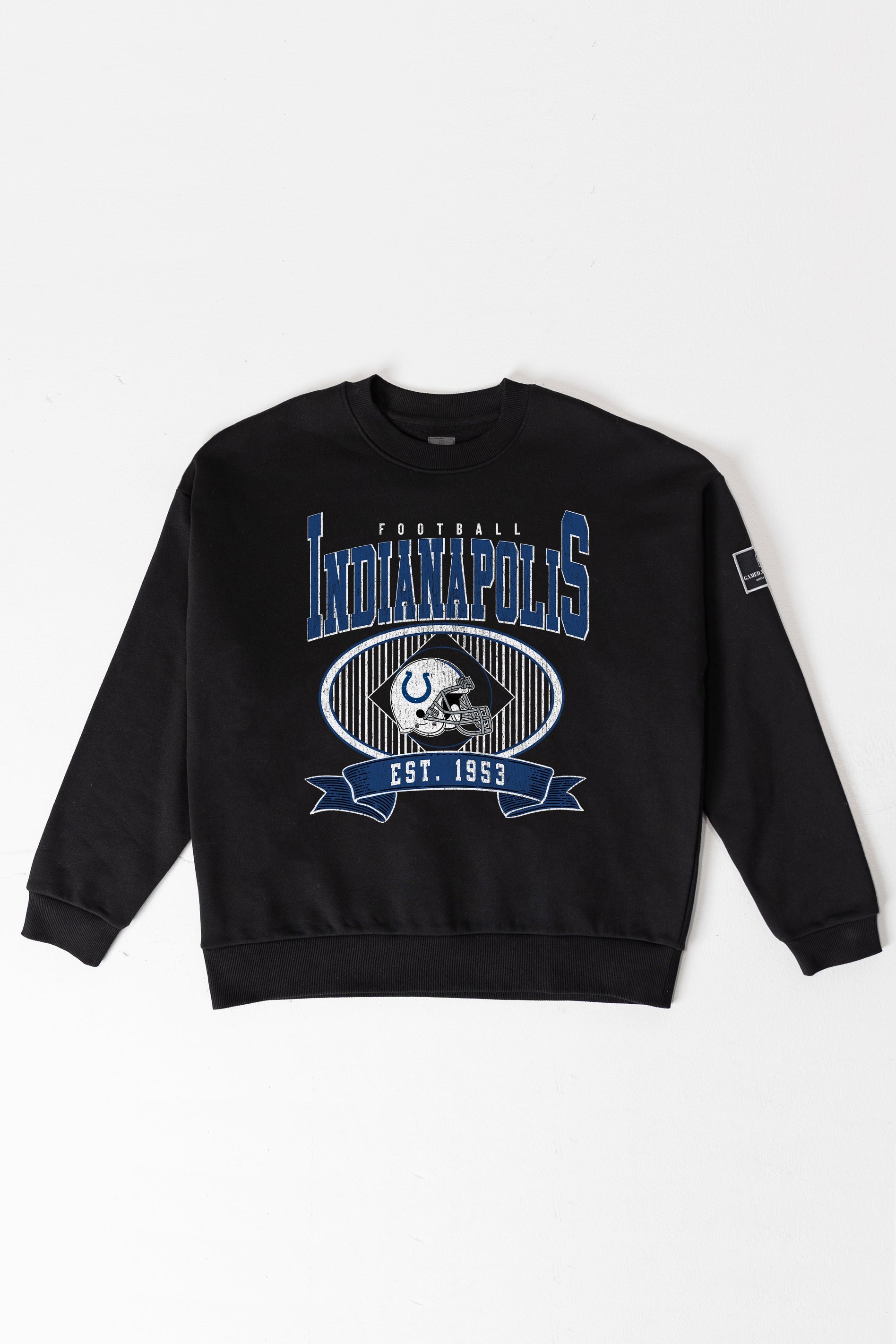 INDIANAPOLIS COLTS BOLD CHEERS BLACK LABEL PREMIUM FLEECE CREW SWEATSHIRT