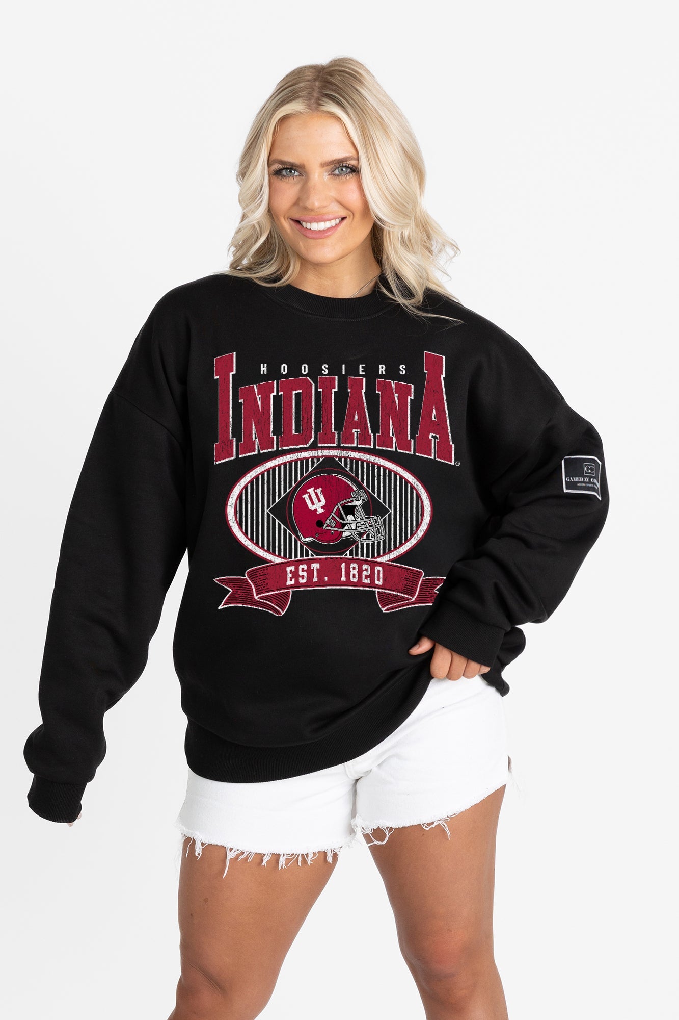 INDIANA HOOSIERS BOLD CHEERS BLACK LABEL PREMIUM FLEECE CREW SWEATSHIRT