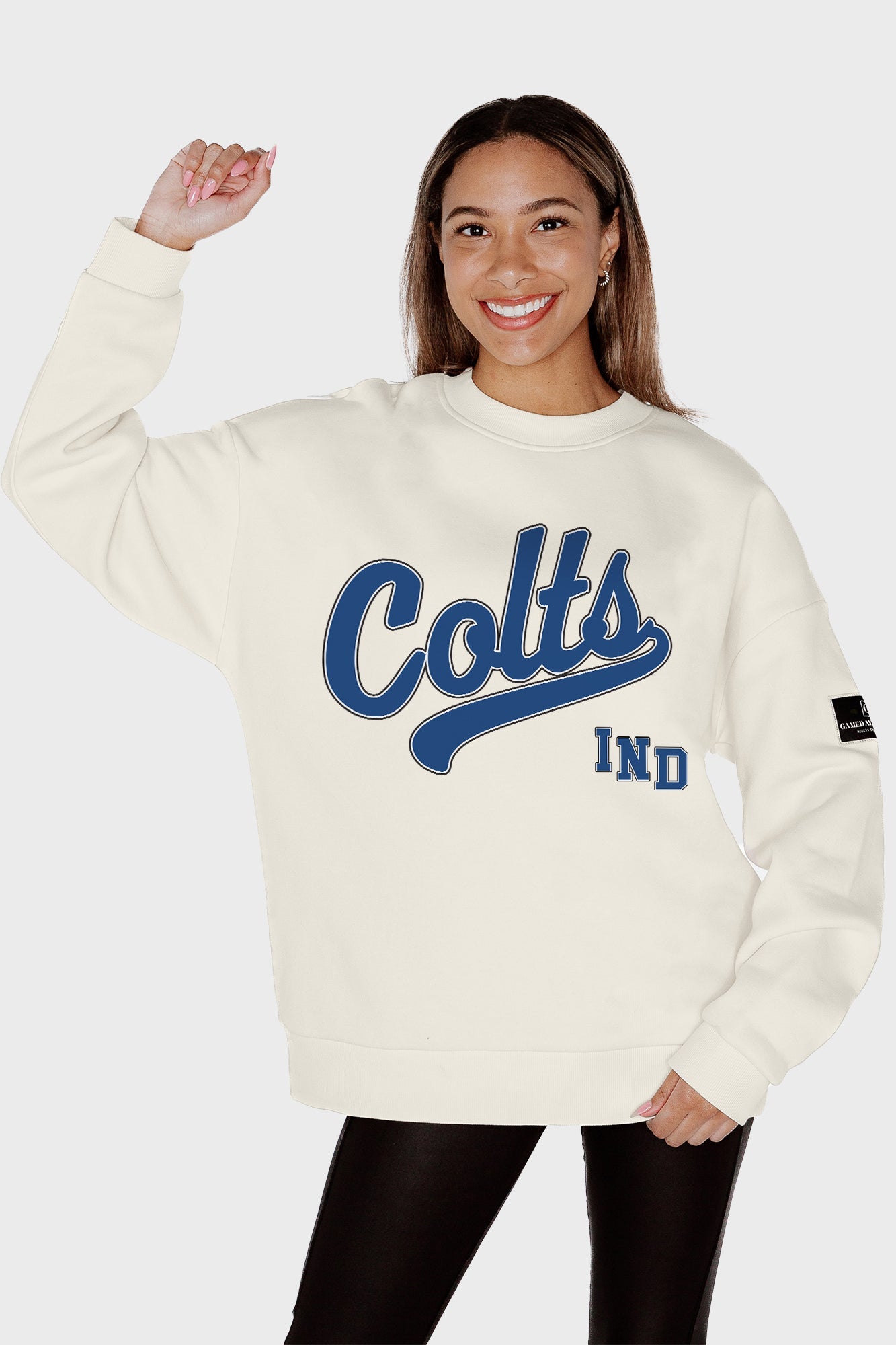 INDIANAPOLIS COLTS CLUTCH MOVE BLACK LABEL PREMIUM FLEECE CREW SWEATSHIRT BY RANDI MAHOMES
