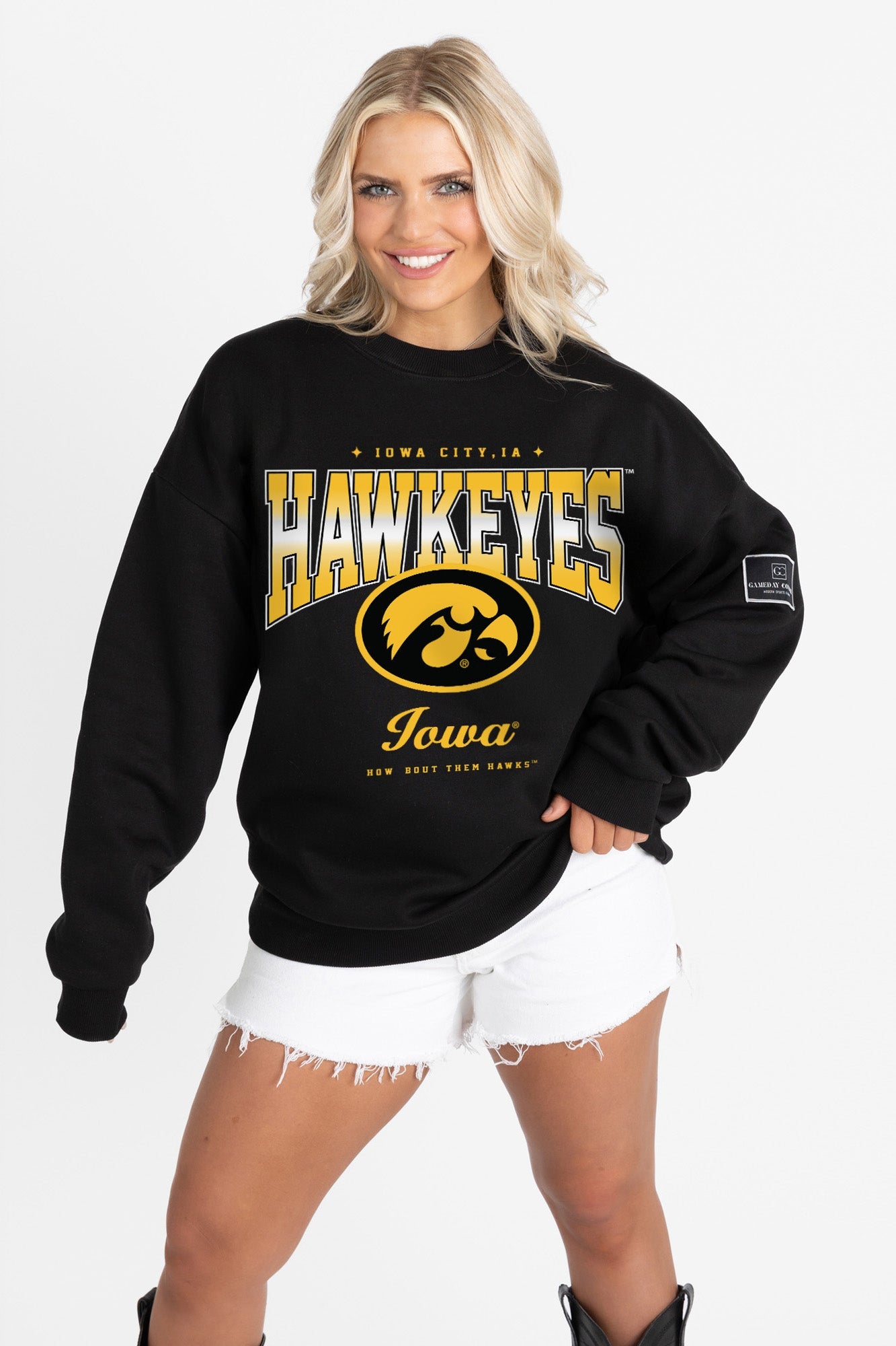 IOWA HAWKEYES POWERHOUSE PLAY BLACK LABEL PREMIUM FLEECE CREW SWEATSHIRT