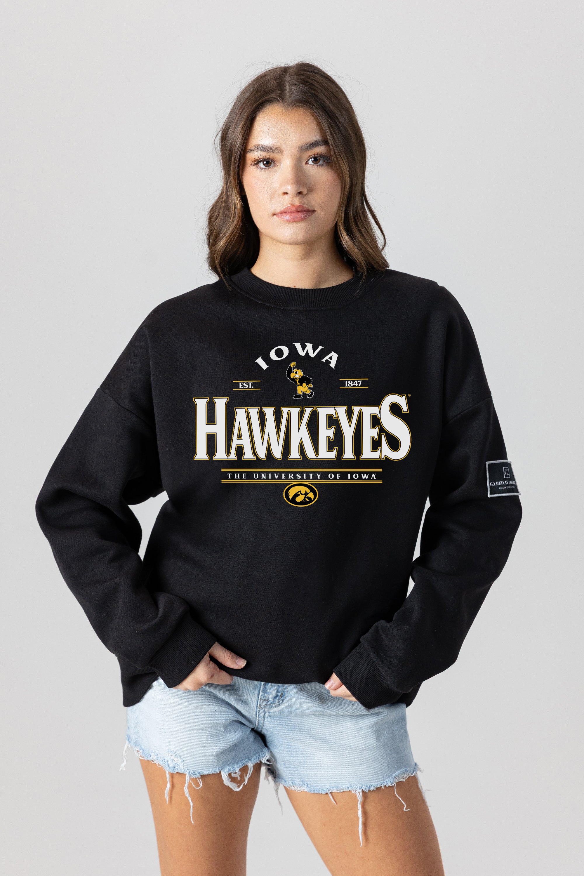 IOWA HAWKEYES PLAYERS ONLY BLACK LABEL PREMIUM FLEECE DROP SHOULDER CREWNECK